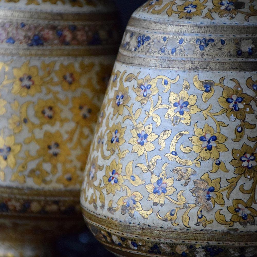 19th century Kashmir papier mache vases
We are proud to offer a matched pair of late 19th century hand crafted Kashmir Papier mache matched vases. Made from papier mache and hand painting with some wonderful gold gilt floral motifs. Painted red