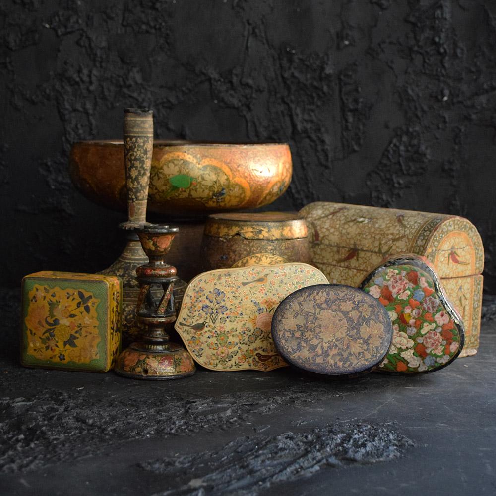 Nine pieces of 19th century Kashmiri assorted objects #2.
We share what we love, and we love this highly decorative collection of late 19th to early 20th century papier Mache and brass Kashmiri assorted objects. All hand painted objects with a