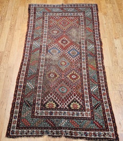 19th Century Caucasian Kazak Area Rug in Green, Blue, Yellow