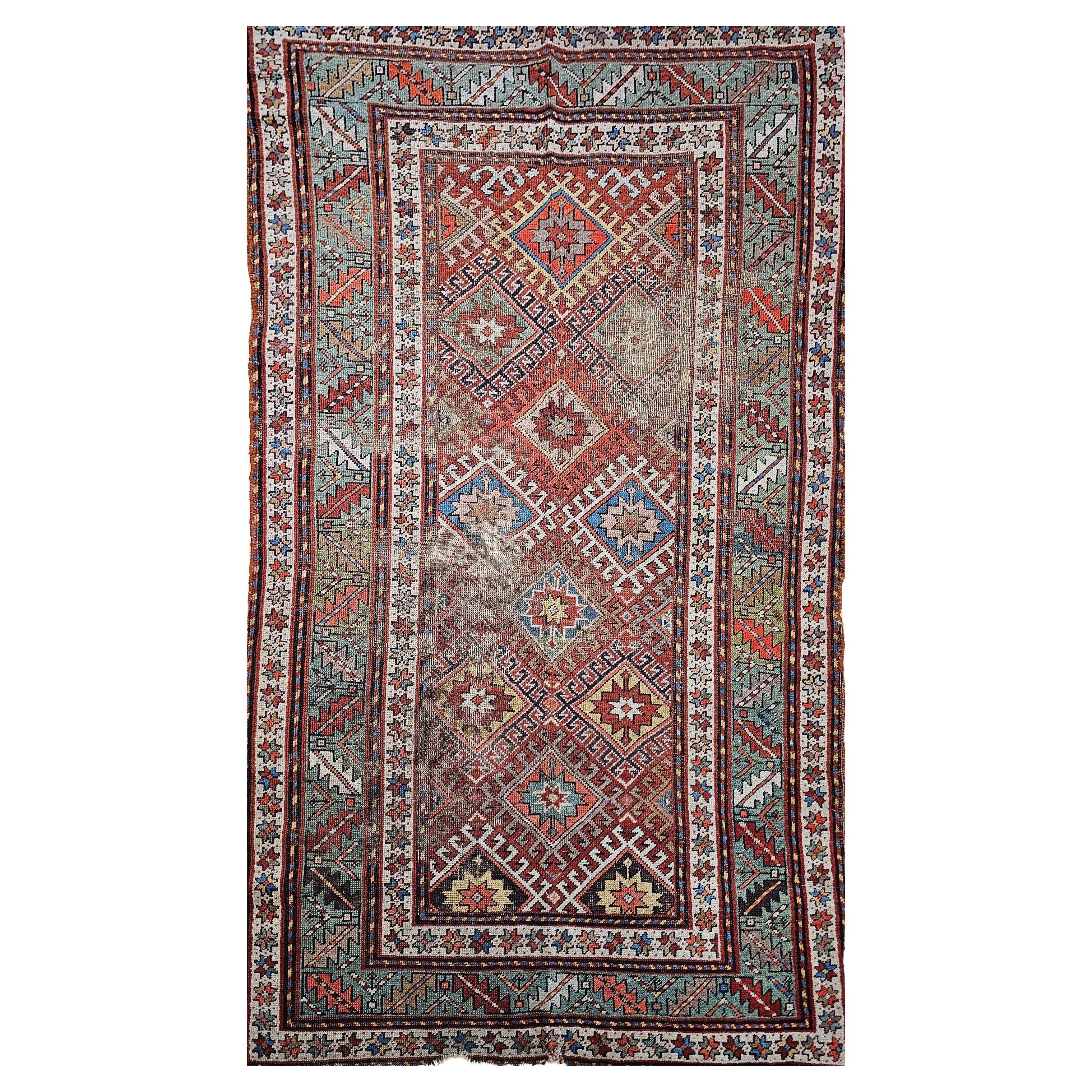 Kazak-Teppich aus dem 19. Jahrhundert in Rot, Grün, Blau, Gelb und Elfenbein
