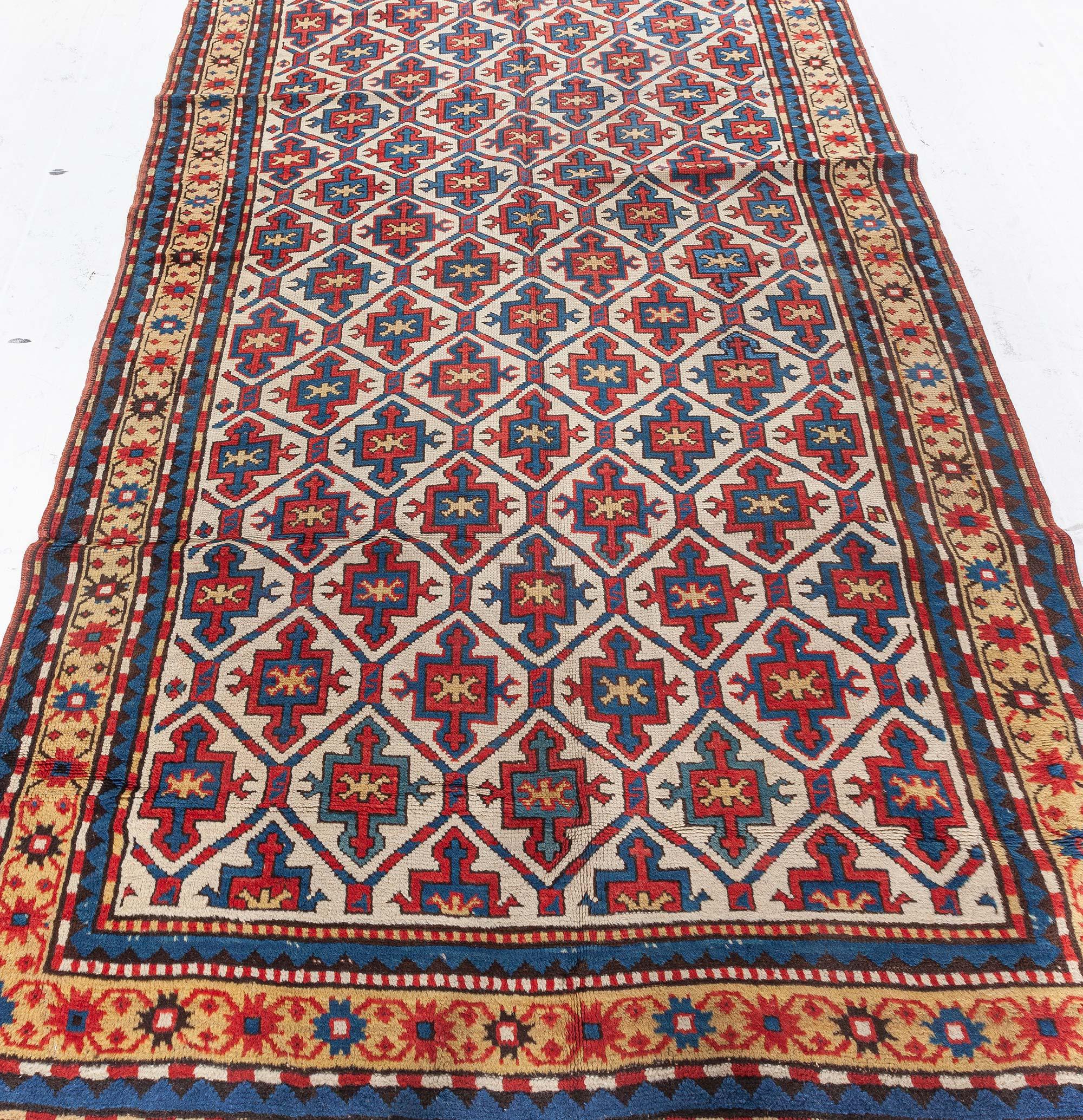 Caucasian 19th Century Kazak Handmade Wool Rug For Sale