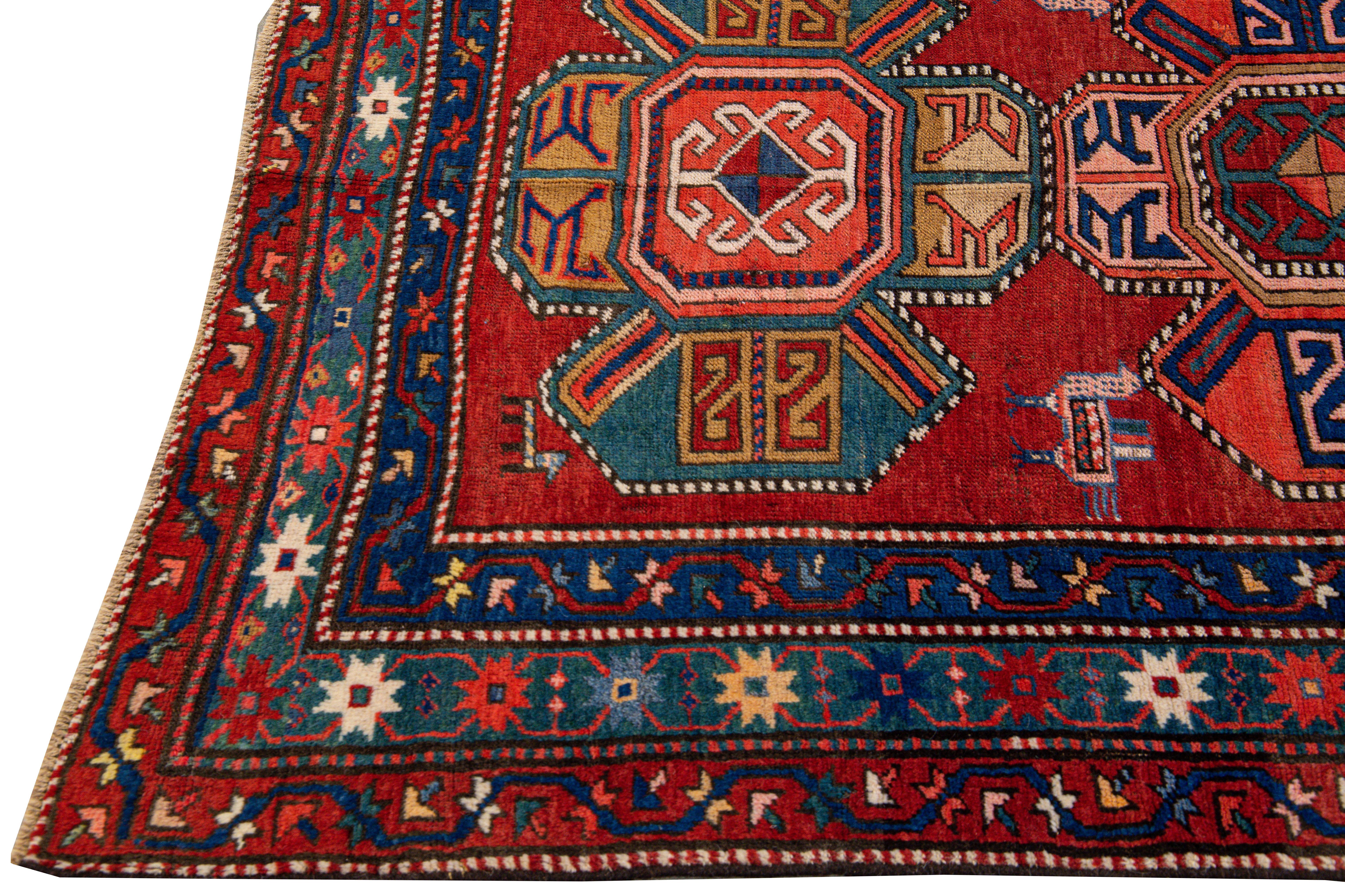 Hand-Knotted 19th Century Kazak Multicolor Tribal Motif Red Wool Runner For Sale