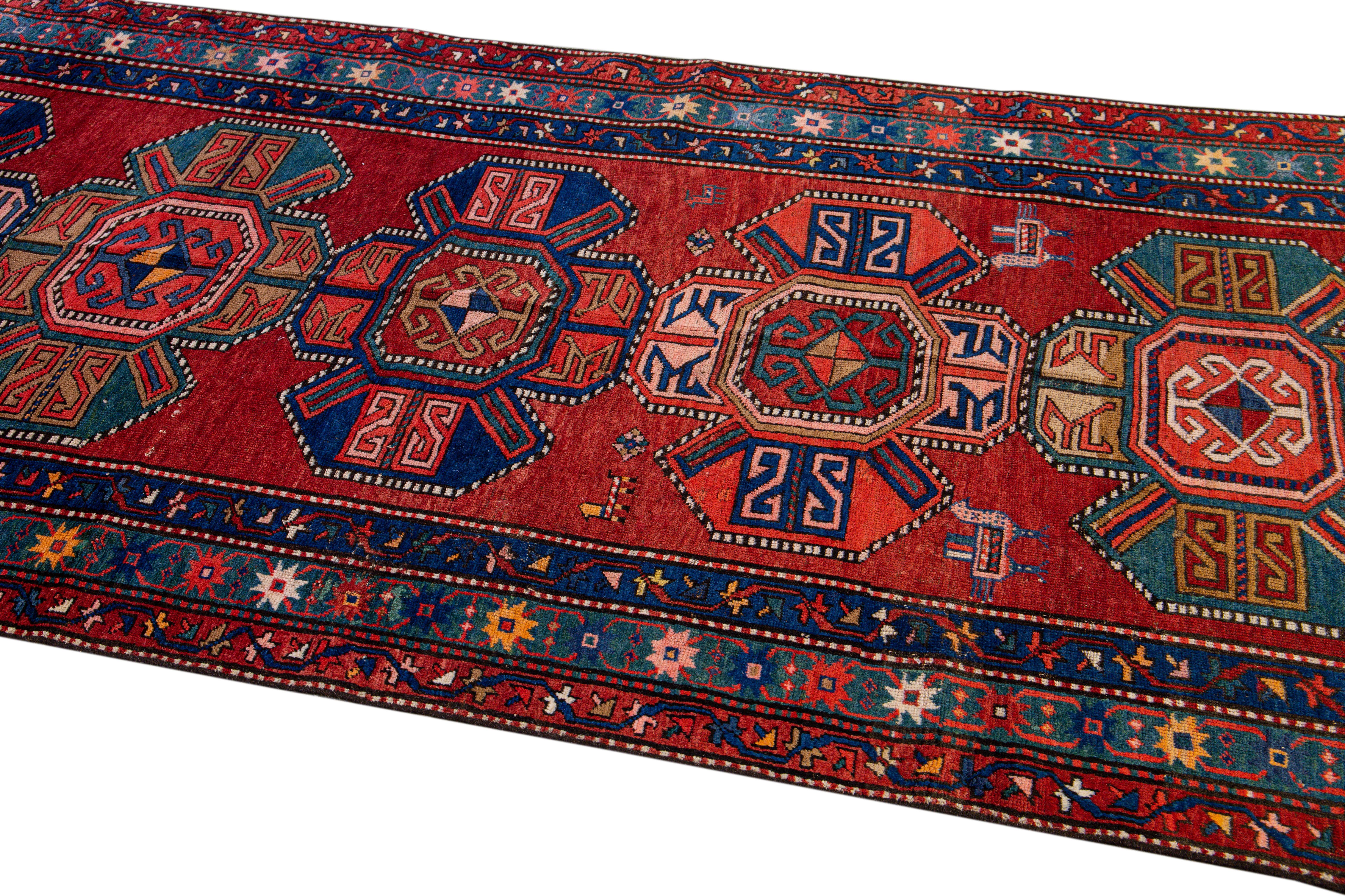19th Century Kazak Multicolor Tribal Motif Red Wool Runner In Good Condition For Sale In Norwalk, CT