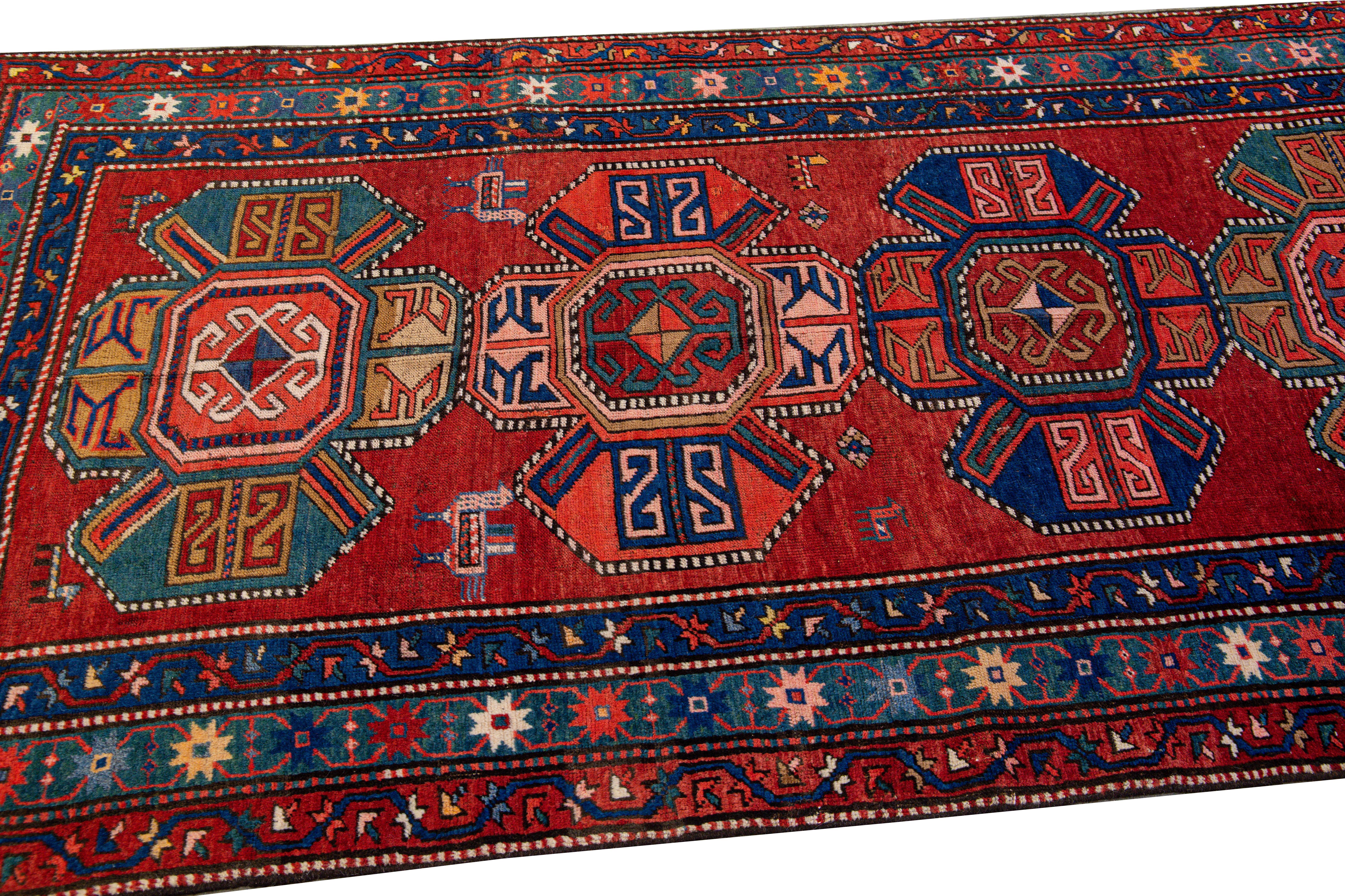 19th Century Kazak Multicolor Tribal Motif Red Wool Runner For Sale 1