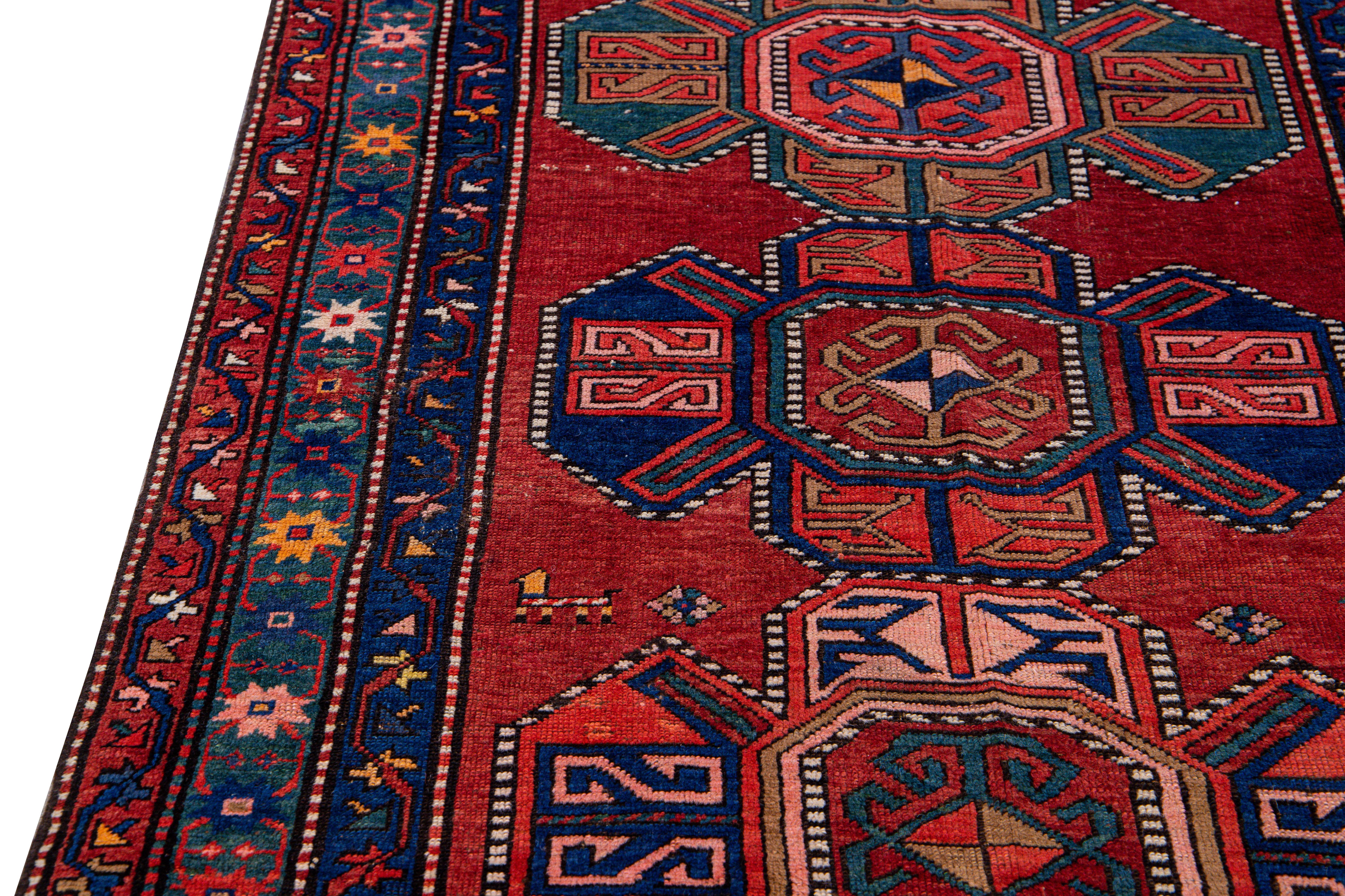 19th Century Kazak Multicolor Tribal Motif Red Wool Runner For Sale 2