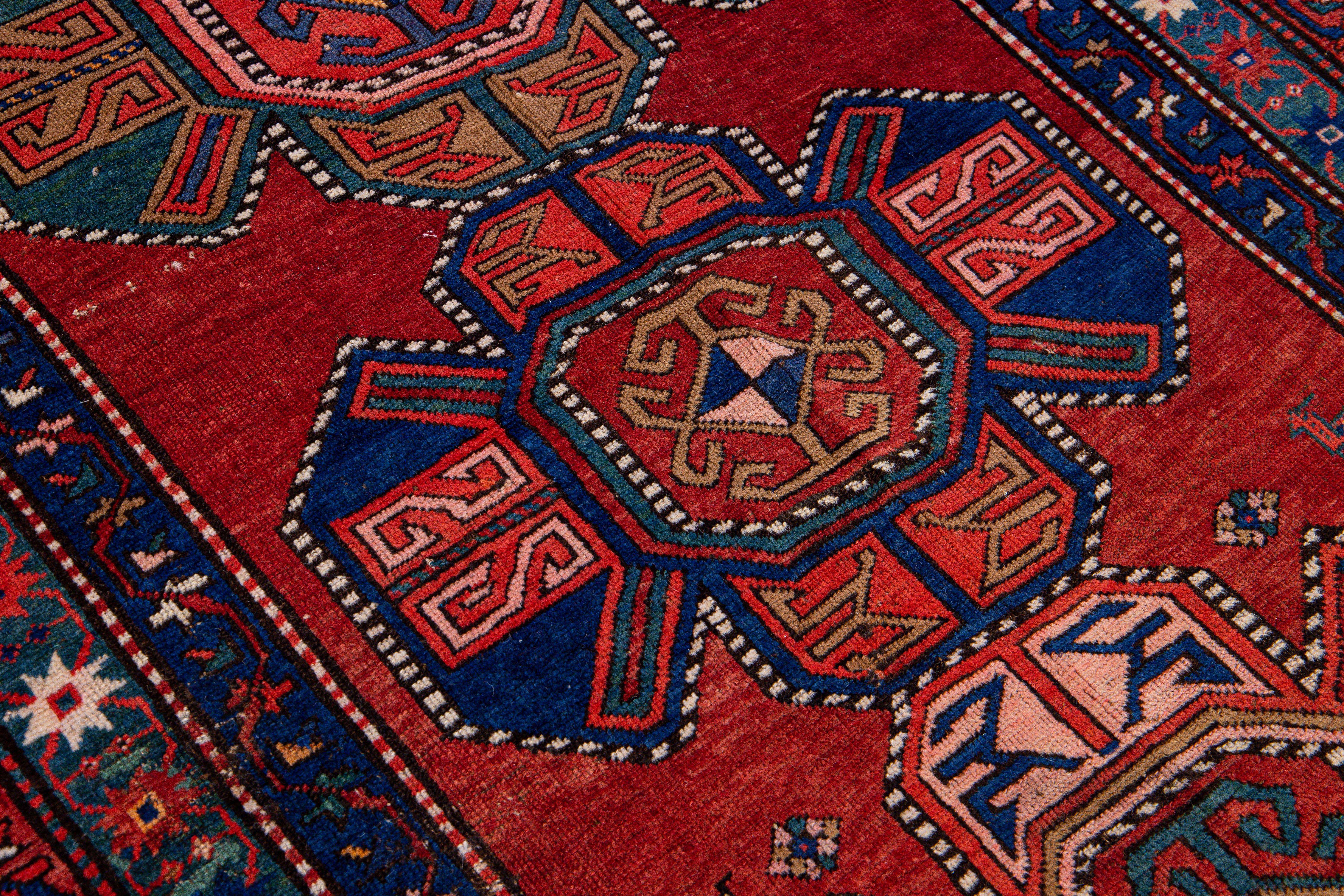 19th Century Kazak Multicolor Tribal Motif Red Wool Runner For Sale 3