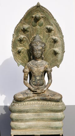 19th Century Khmer Bronze Buddha on Naga Throne