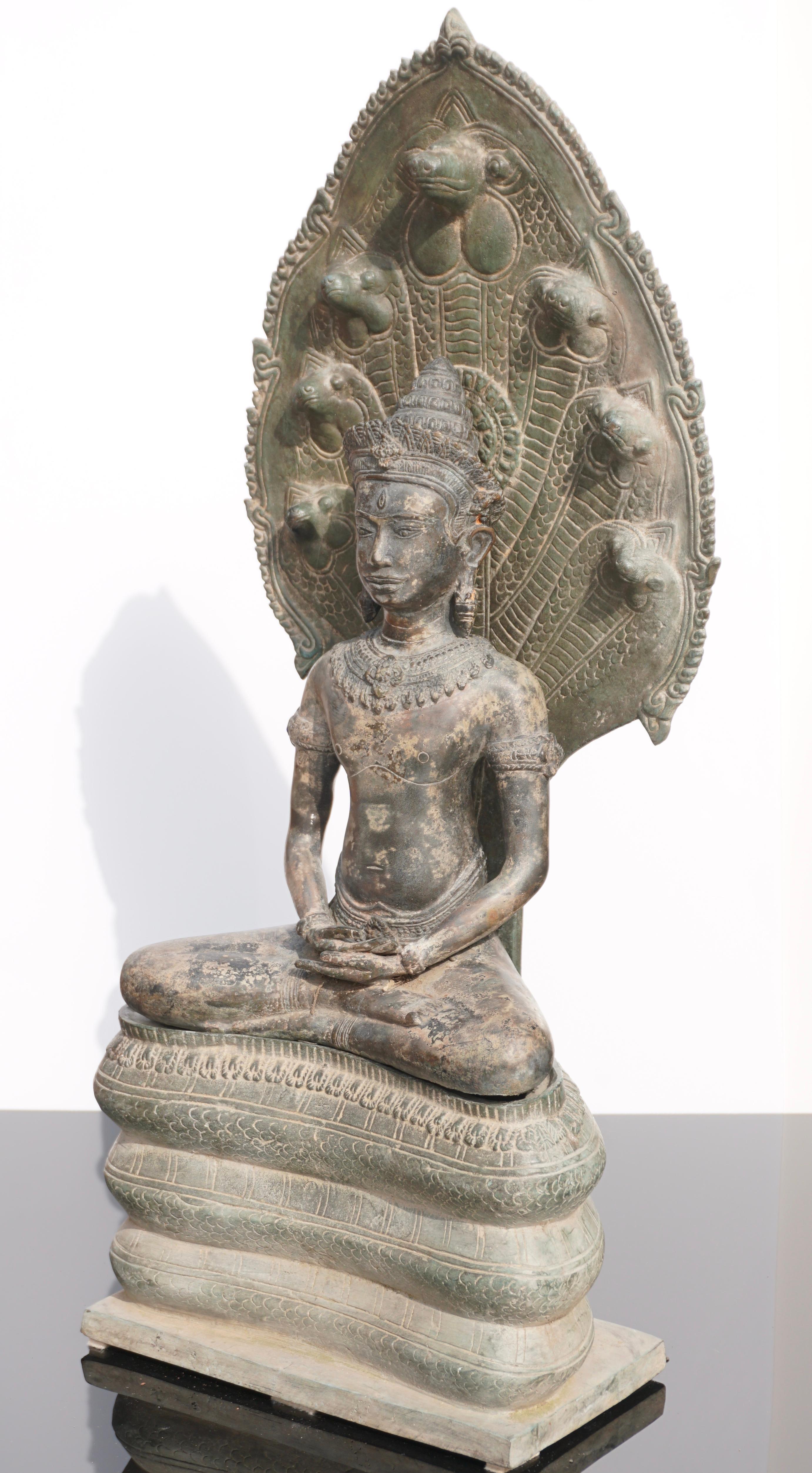 Agra 19th Century Khmer Bronze Buddha on Naga Throne