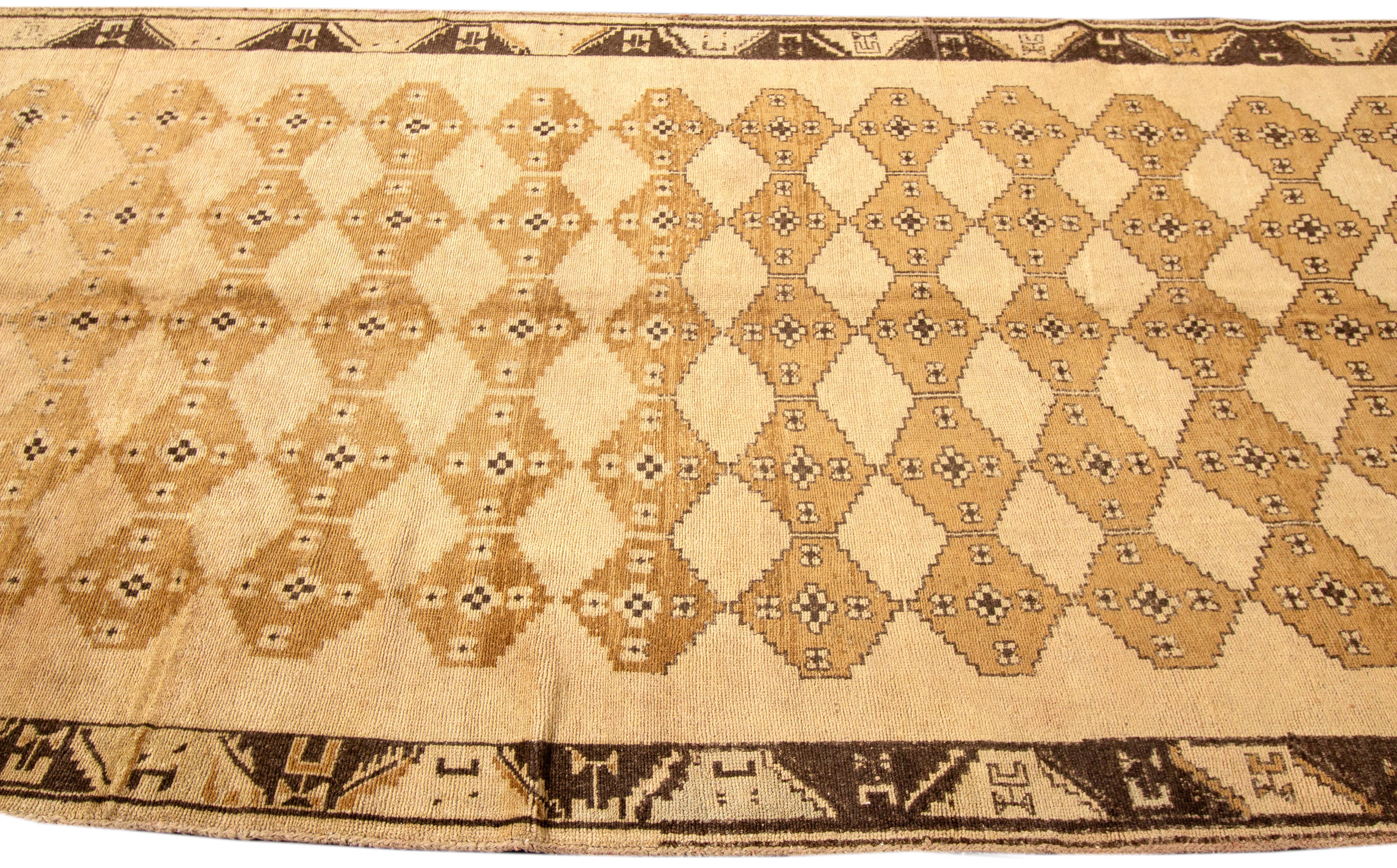 19th Century 19th-Century Antique Khotan Handmade Geometric Beige Wool Rug For Sale