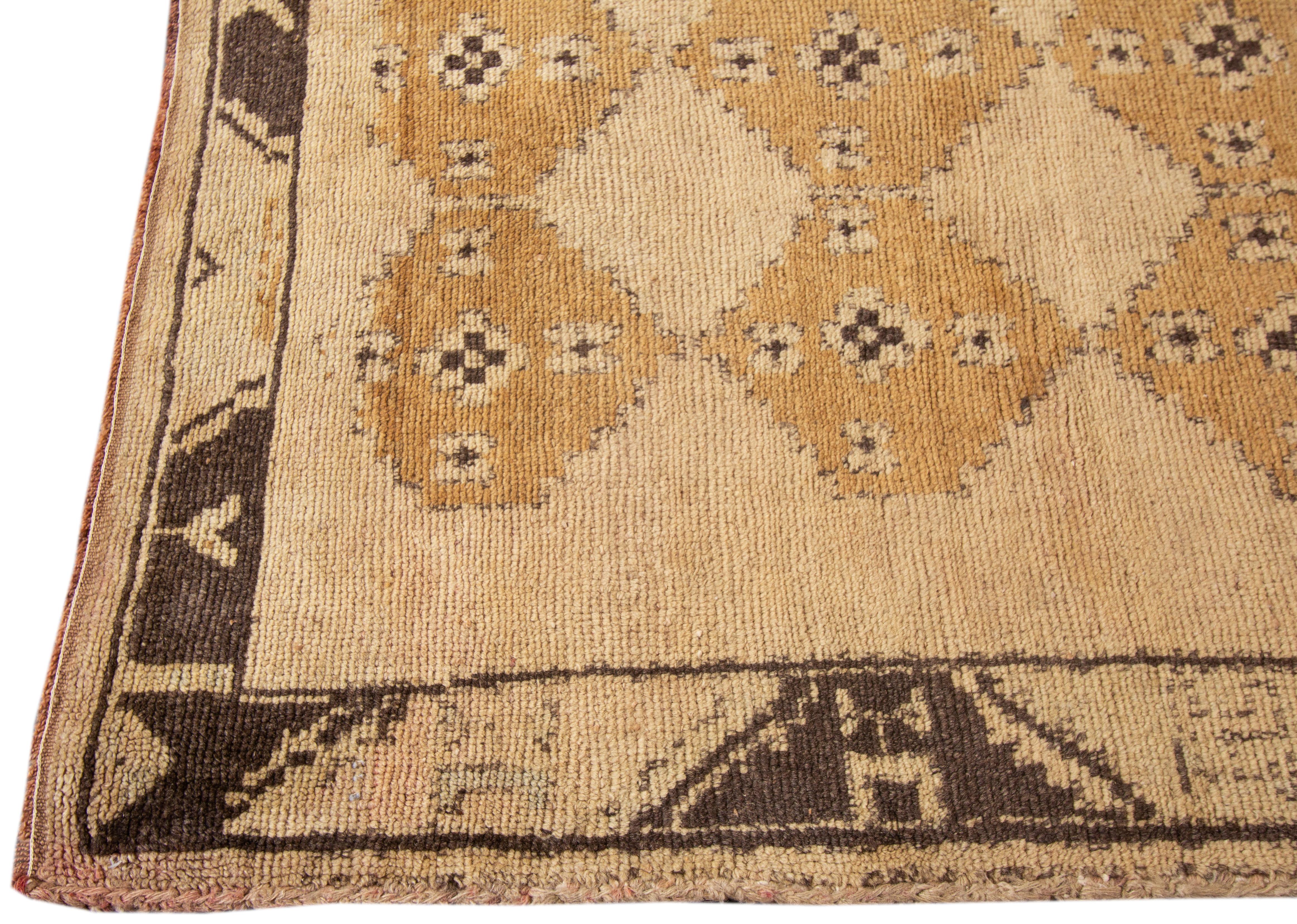Hand-Knotted 19th-Century Antique Khotan Handmade Geometric Beige Wool Rug For Sale