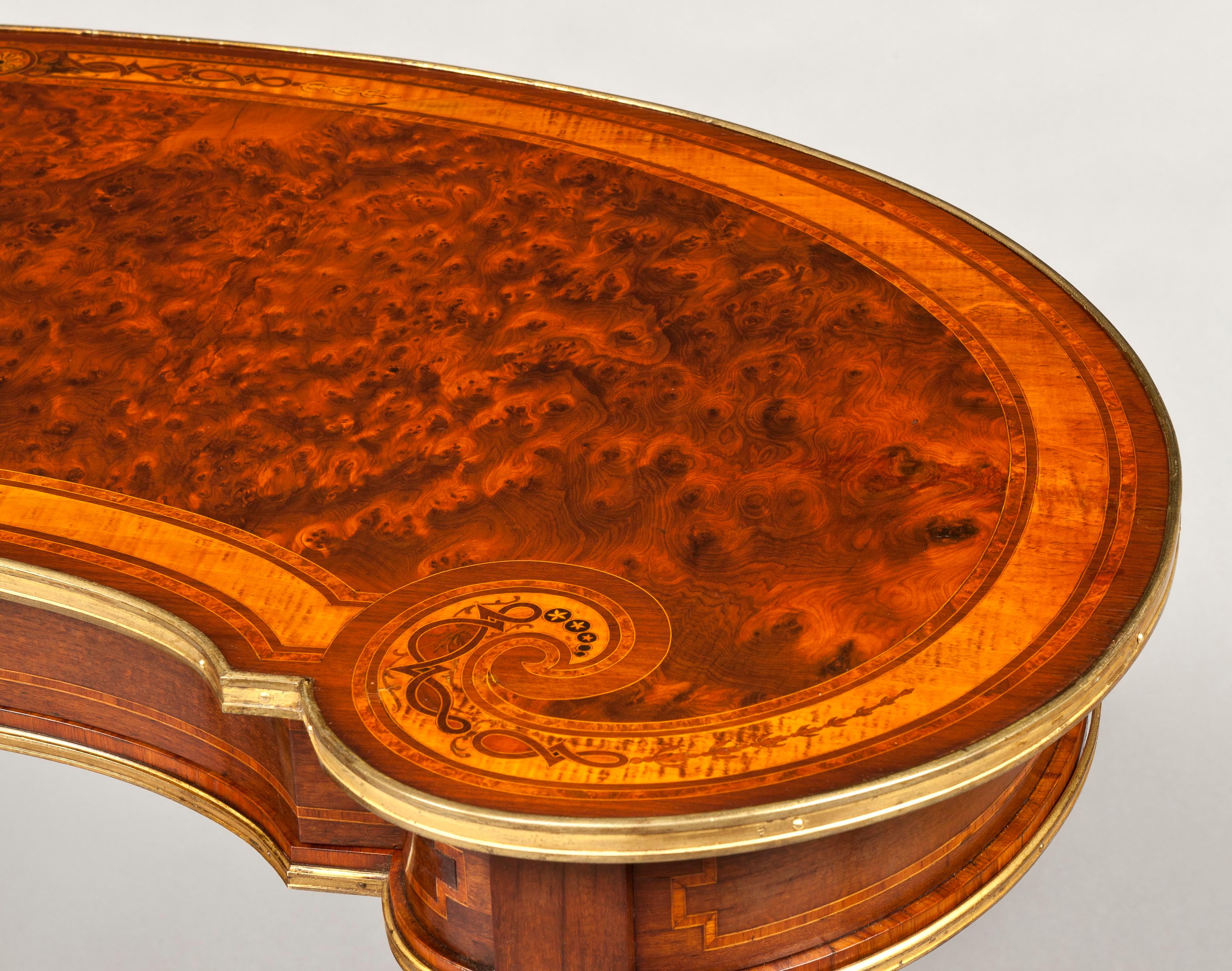 French Provincial 19th Century Kidney Table with Marquetry and Gilt Brass For Sale