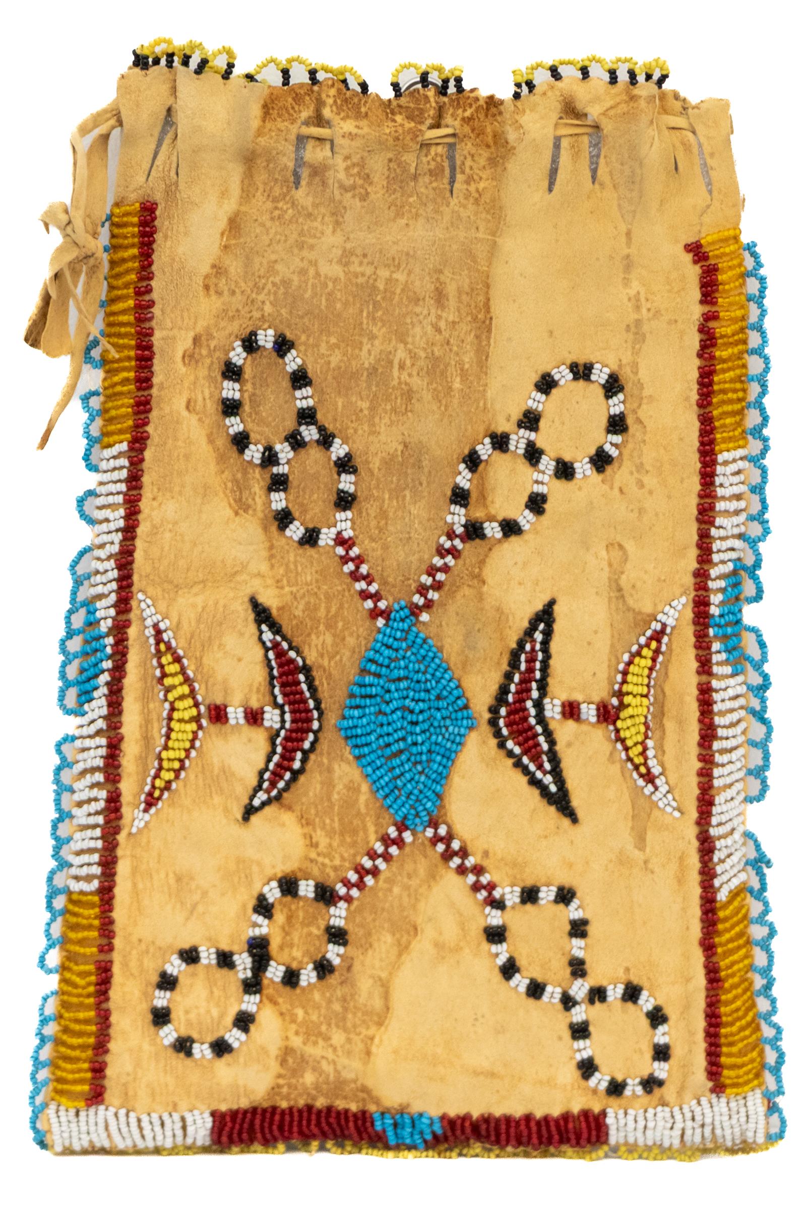 19th Century 19th-Century Kiowa-Apache Beaded Hide Bag, Native American Plains Artifact For Sale