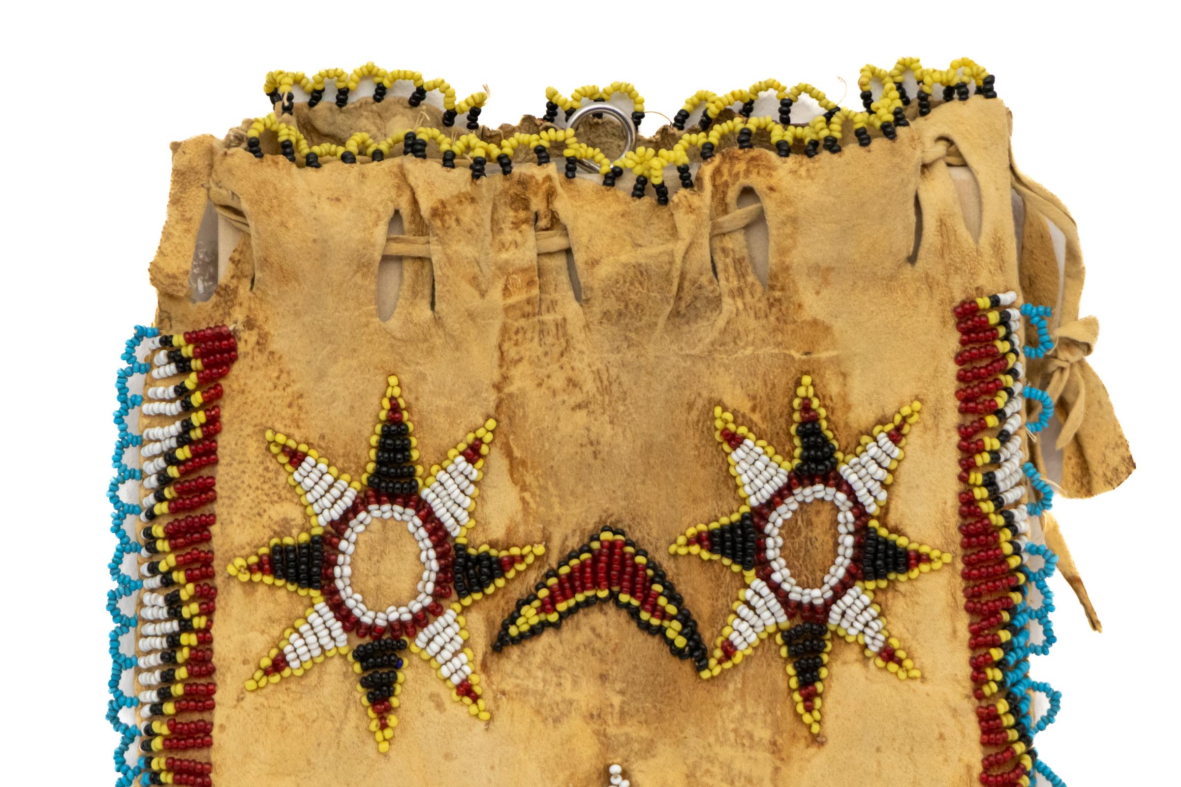 19th-Century Kiowa-Apache Beaded Hide Bag, Native American Plains Artifact For Sale 3