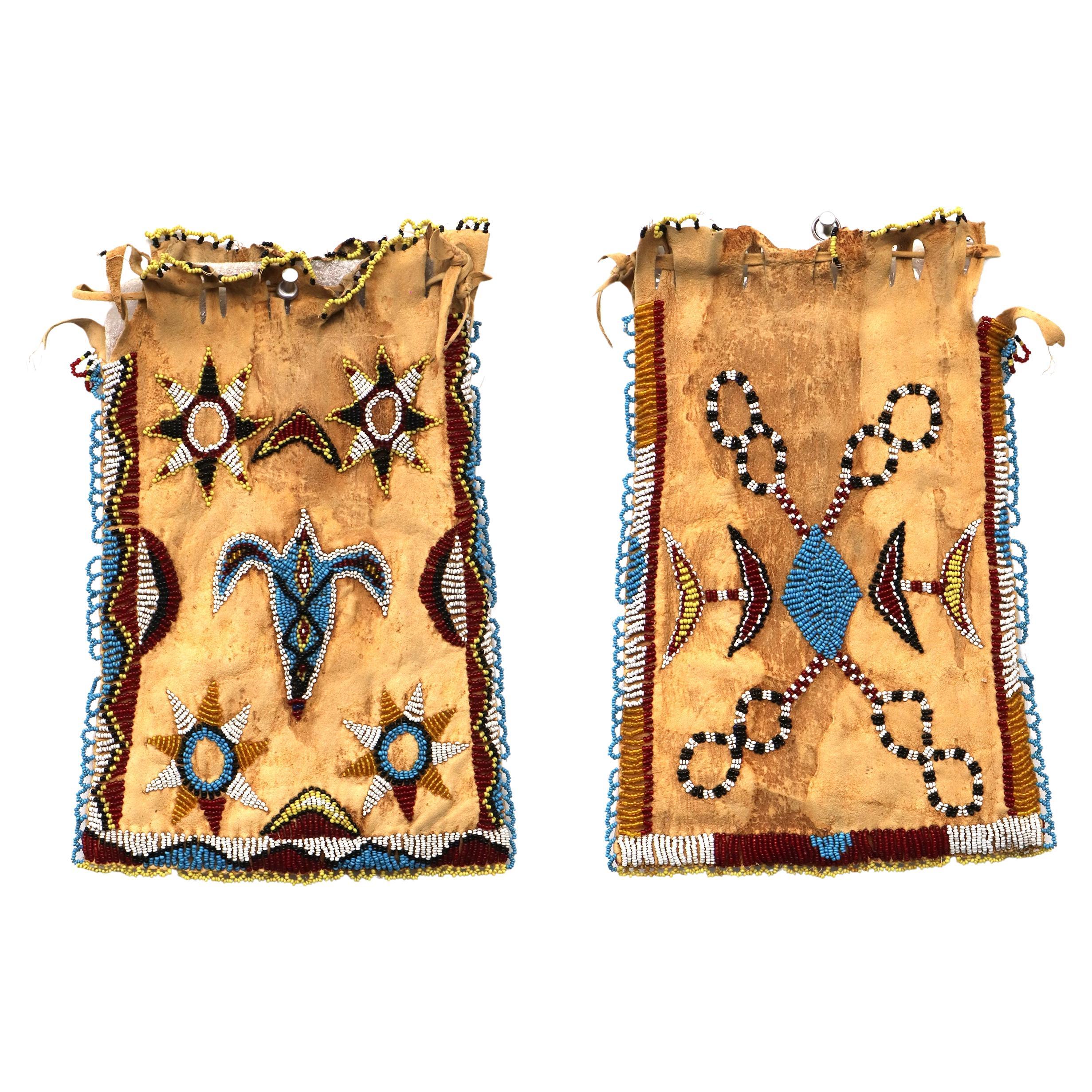19th-Century Kiowa-Apache Beaded Hide Bag, Native American Plains Artifact For Sale