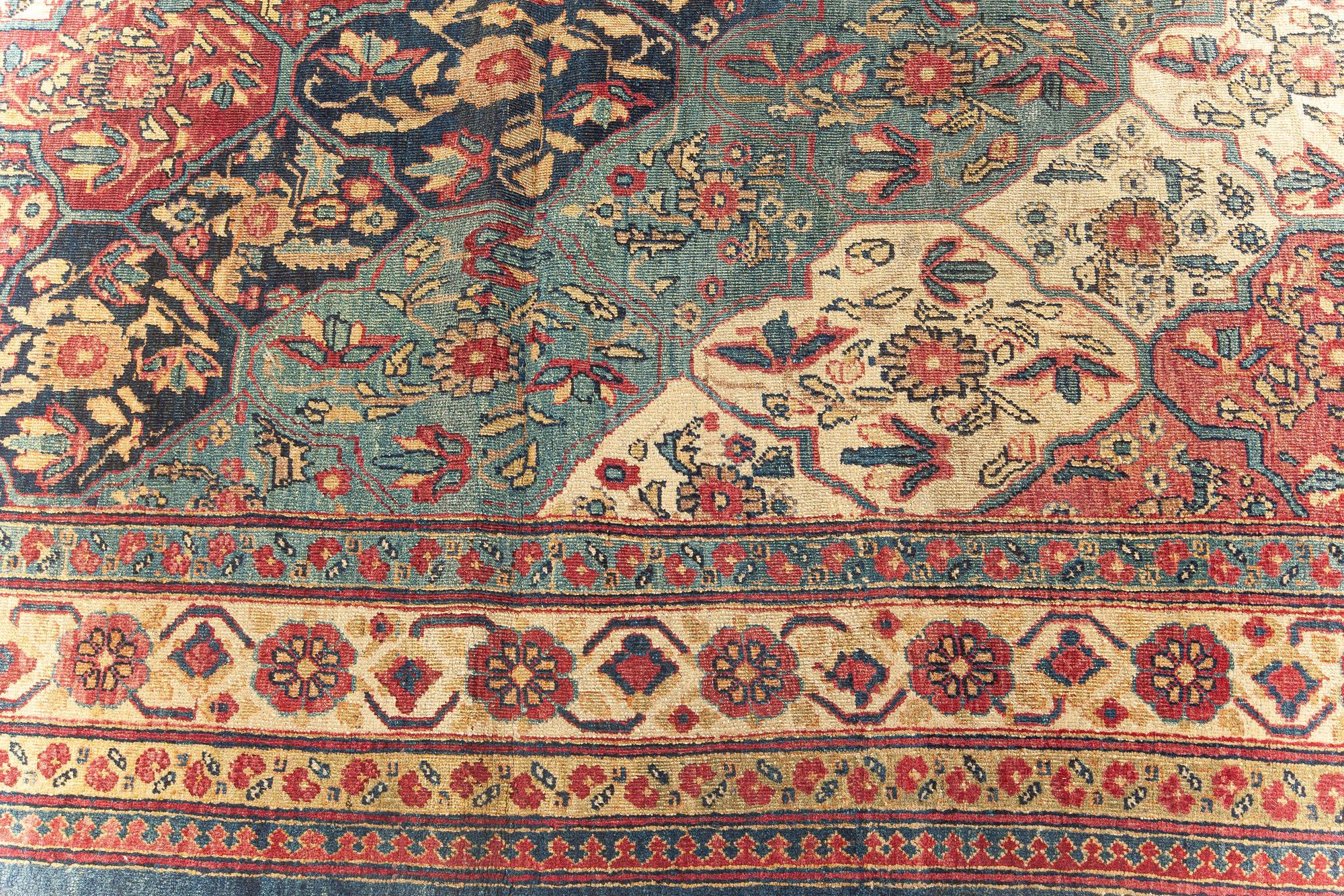 Hand-Knotted 19th Century Kirman Red, Blue Handwoven Wool Rug For Sale