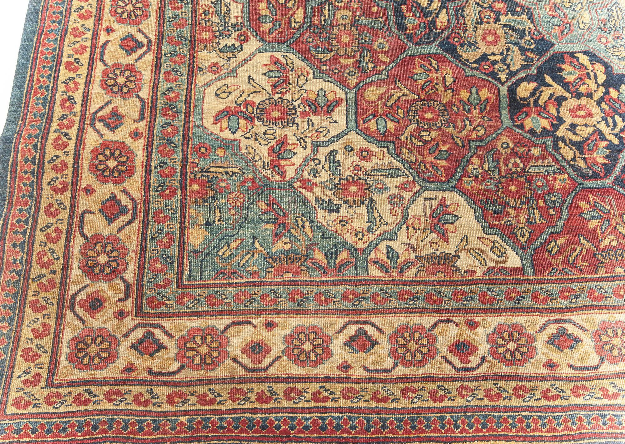 19th Century Kirman Red, Blue Handwoven Wool Rug For Sale 1