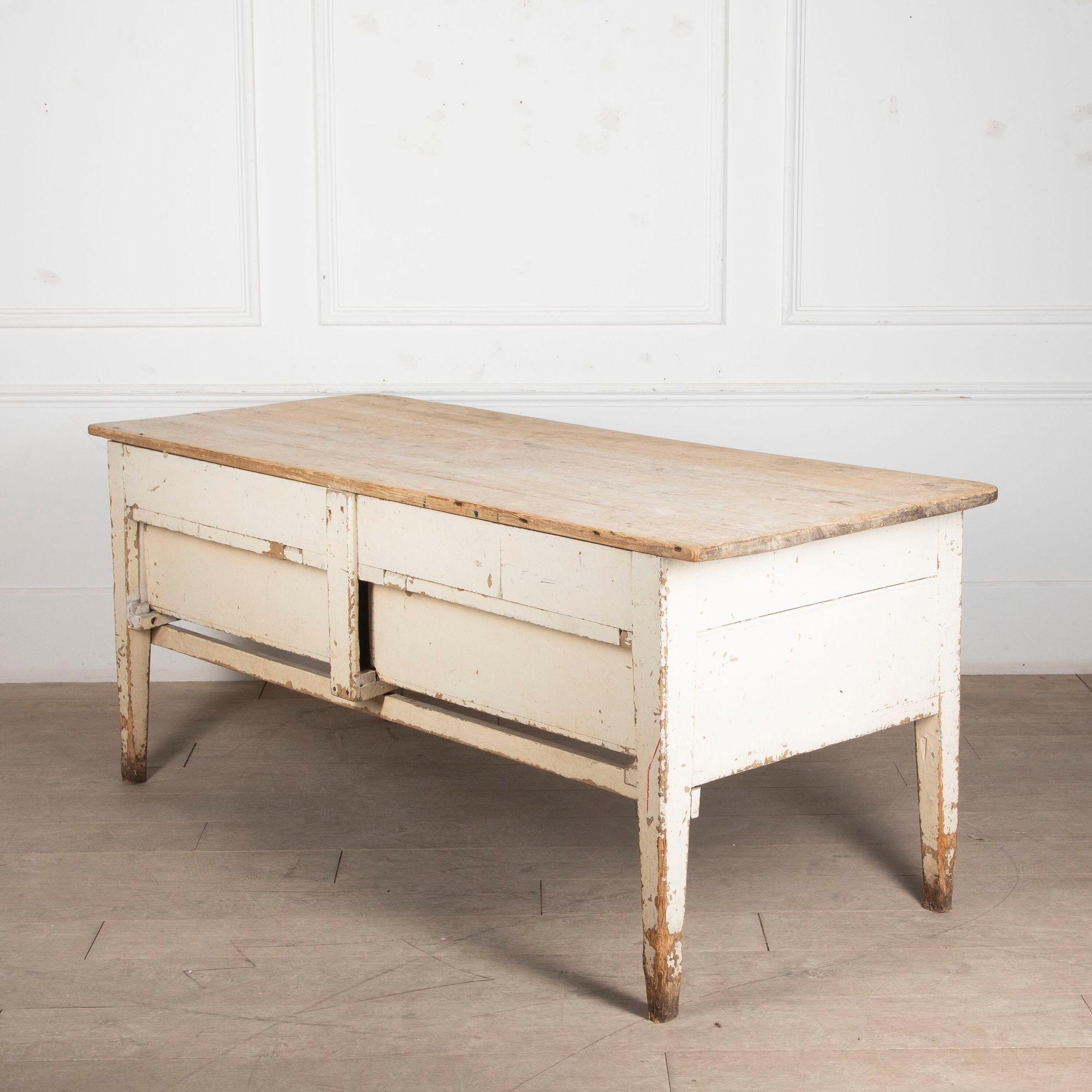 19th century Scottish country house kitchen preparation table. 
With a scrubbed top and five decorative drawers in historic paint.
Perfect for a kitchen or provencal style hallway.