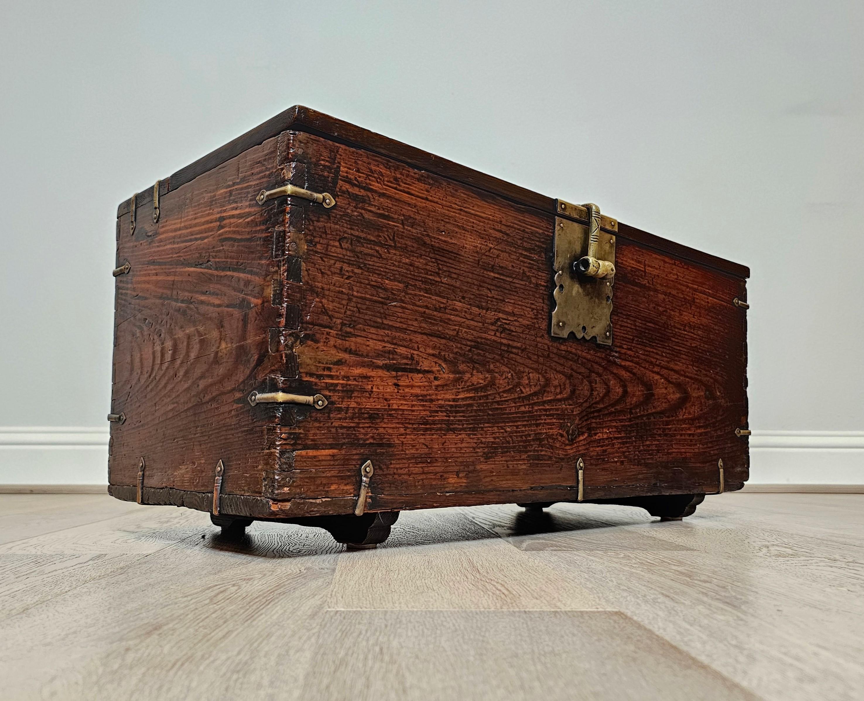 Rustic 19th Century Korean Brass Mounted Wood Money Chest