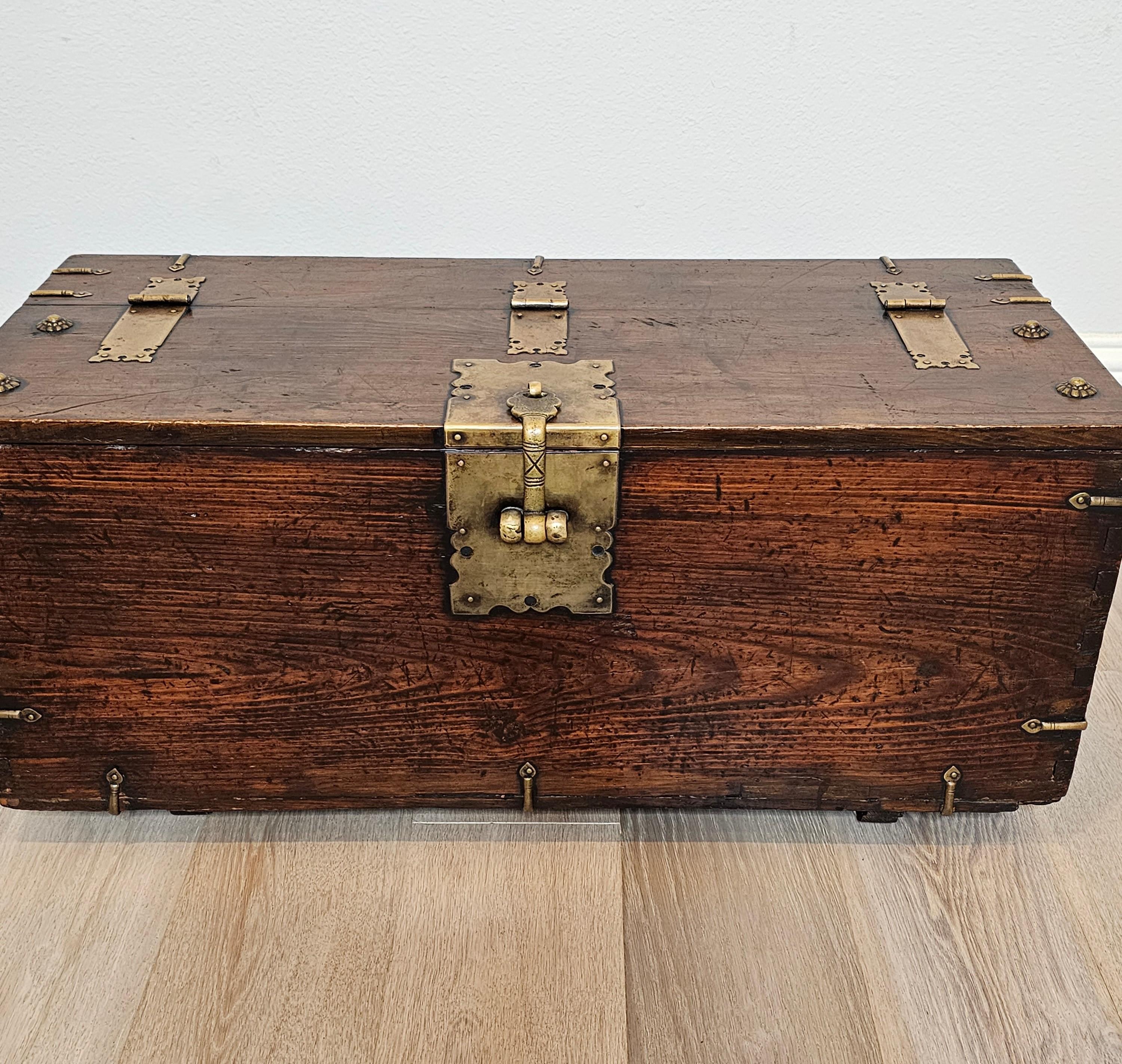 Hand-Crafted 19th Century Korean Brass Mounted Wood Money Chest