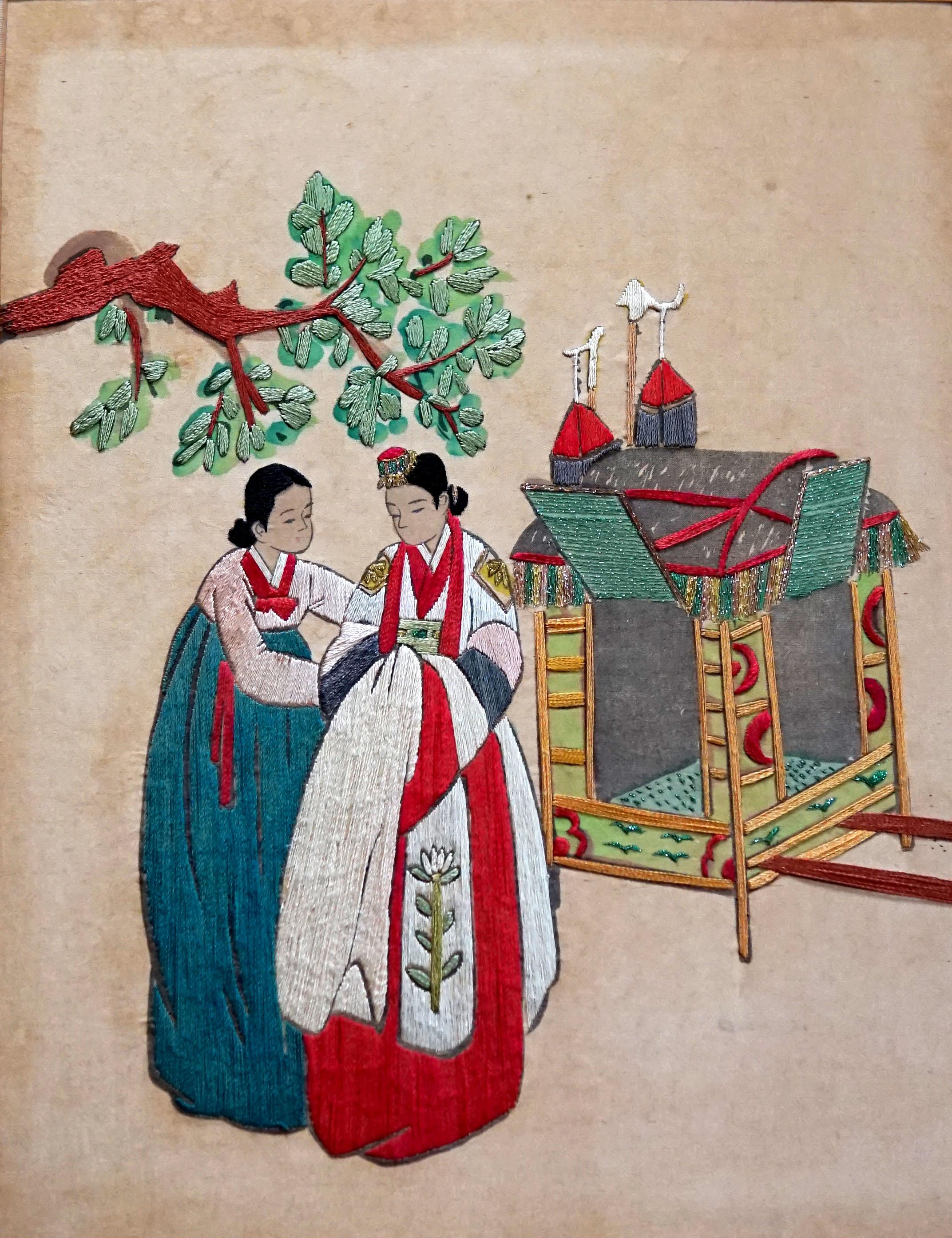   Korean Two-Panel Silk Screen from 1975 For Sale 5
