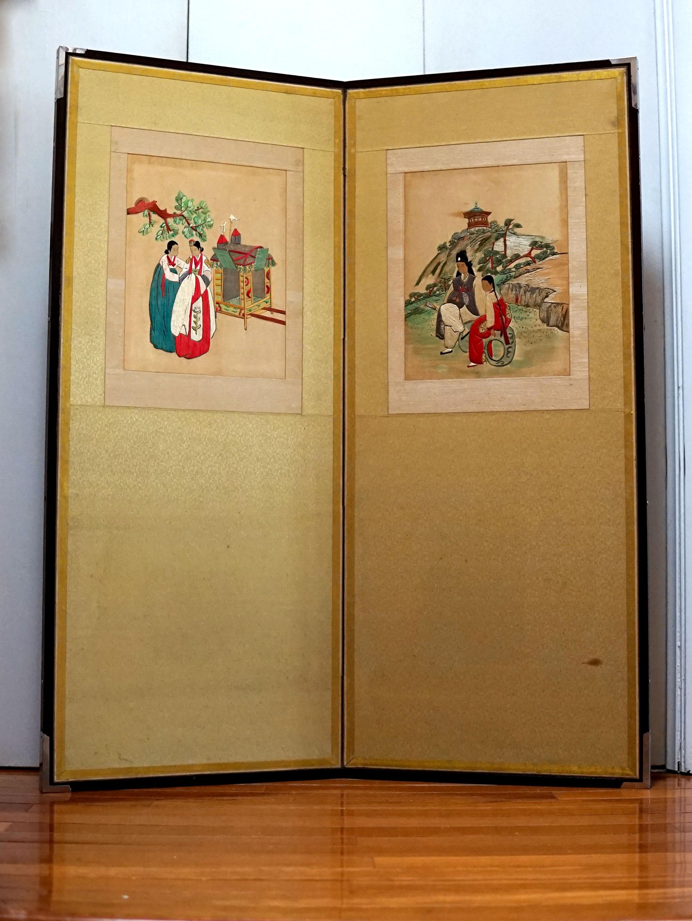   Korean Two-Panel Silk Screen from 1975 For Sale 8