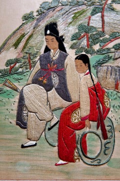 Korean Two-Panel Silk Screen from 1975
