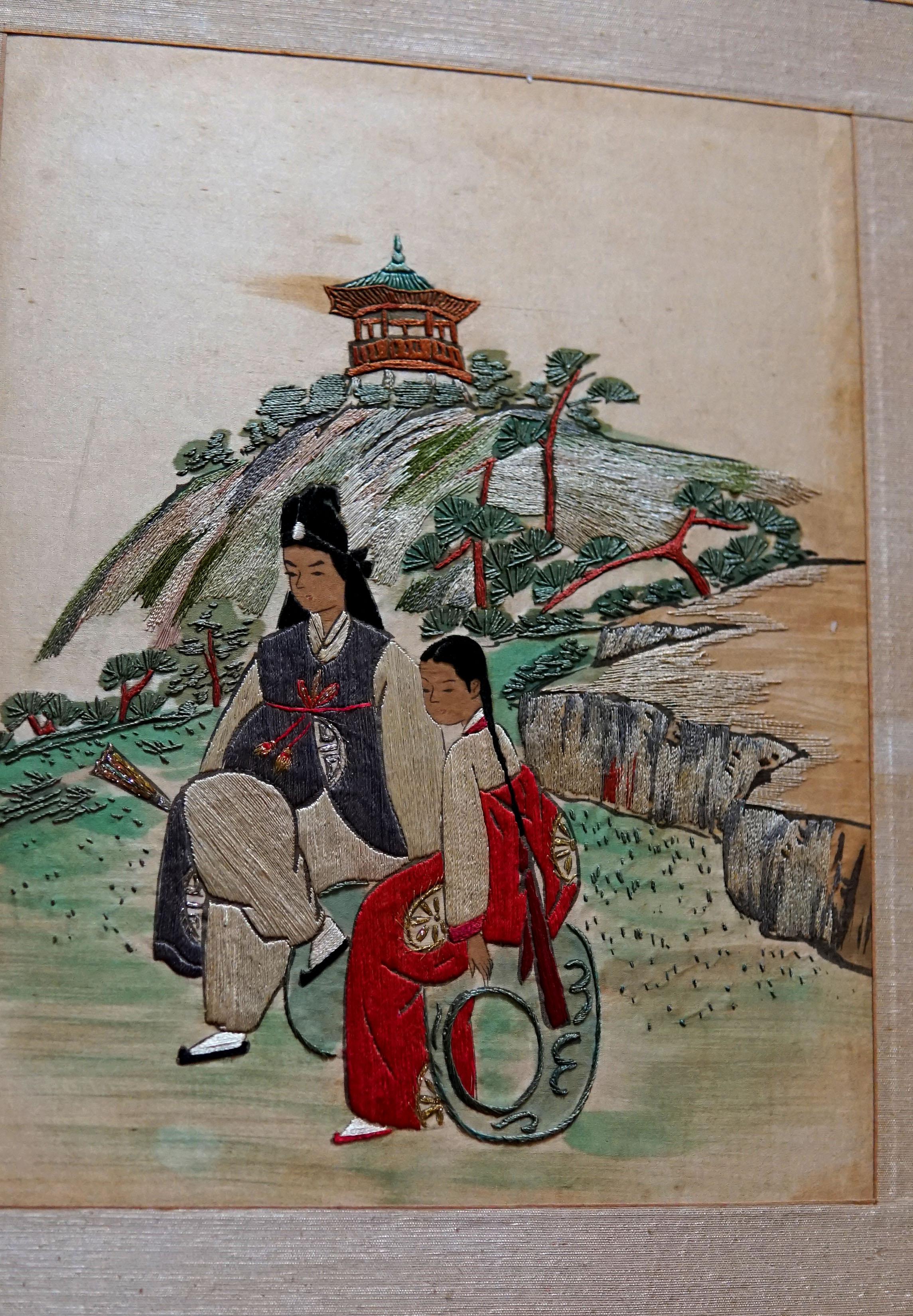 Other   Korean Two-Panel Silk Screen from 1975 For Sale