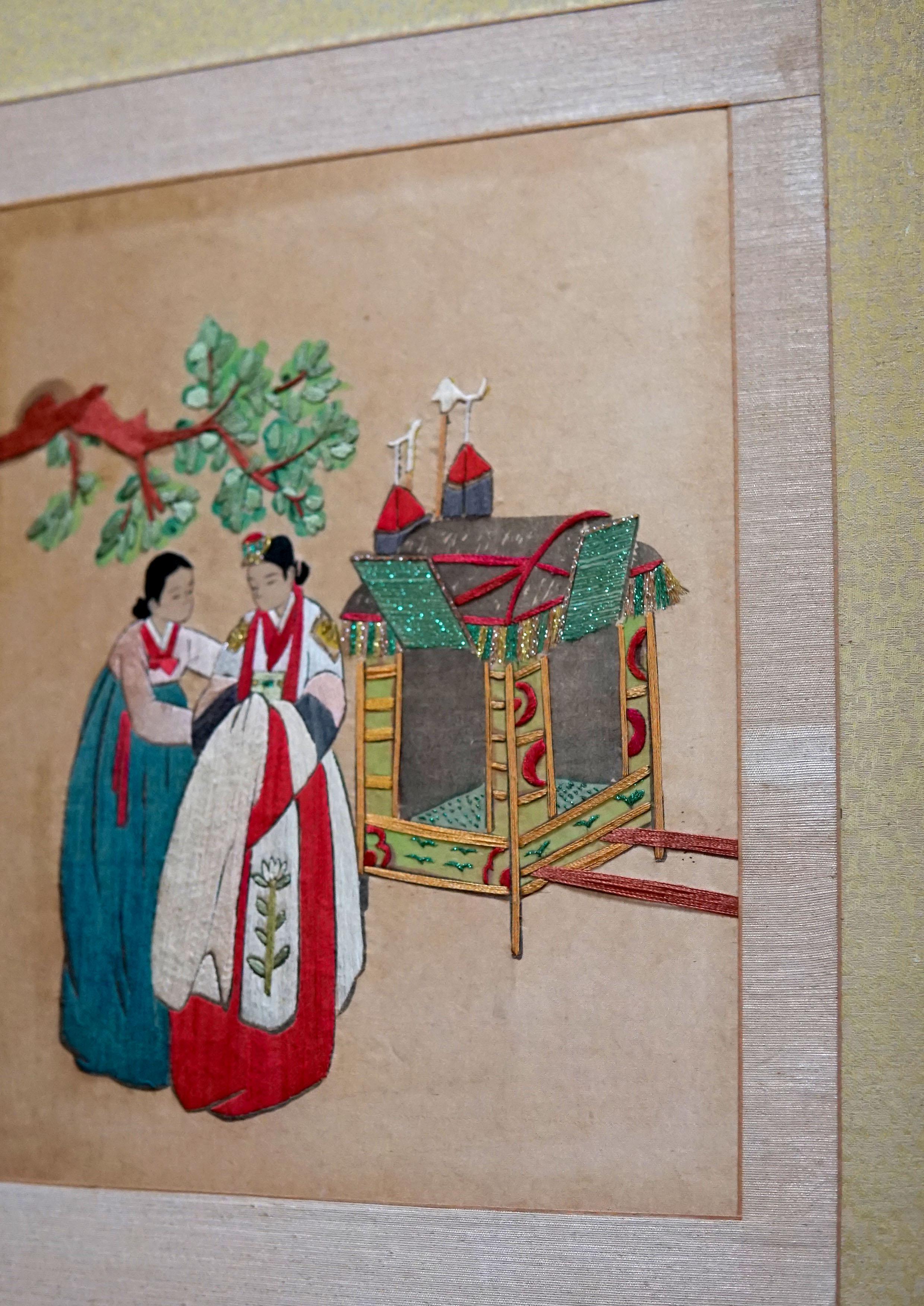 Hand-Crafted   Korean Two-Panel Silk Screen from 1975 For Sale