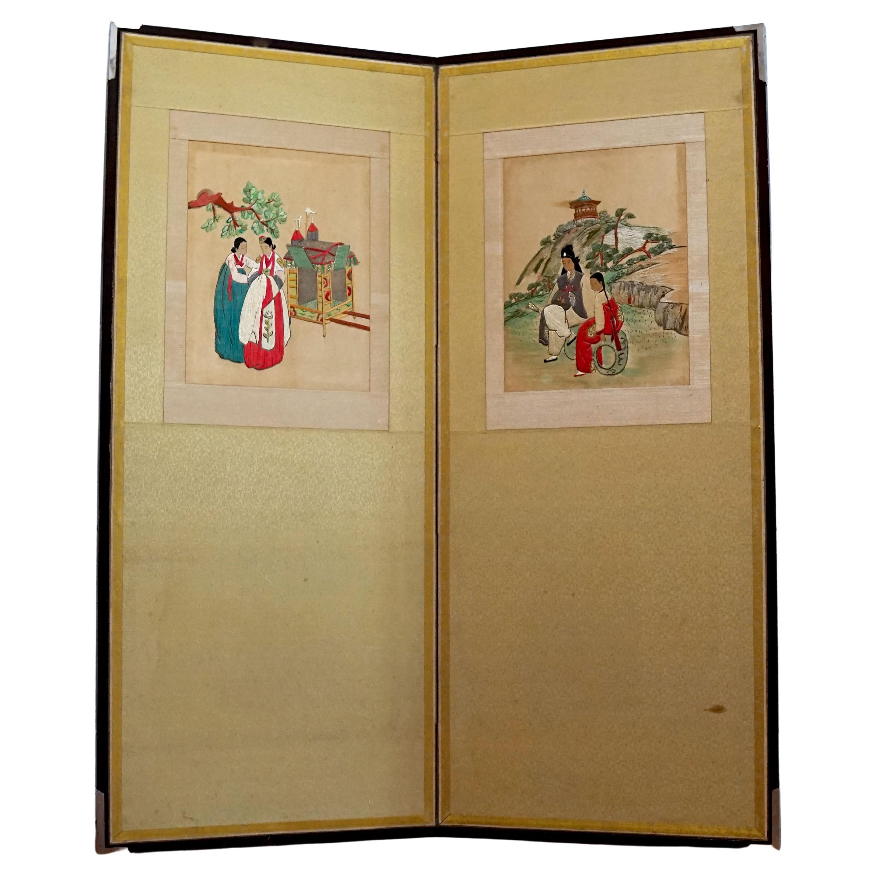 19th Century Korean Two-Panel Silk Screen