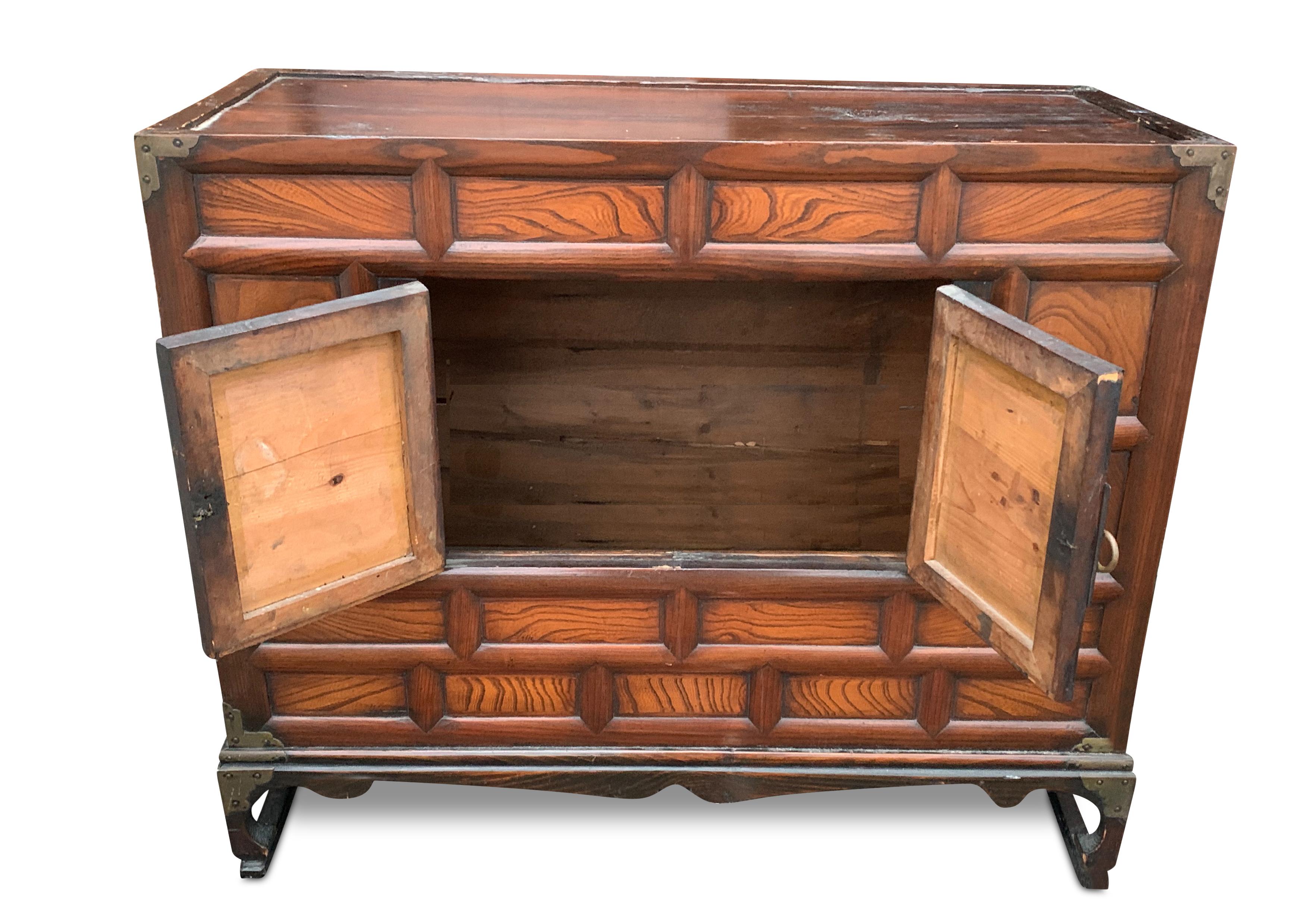 Hand-Crafted 19th Century Korean Two Part Elm Chest Each Finished off with Brass Adornments For Sale