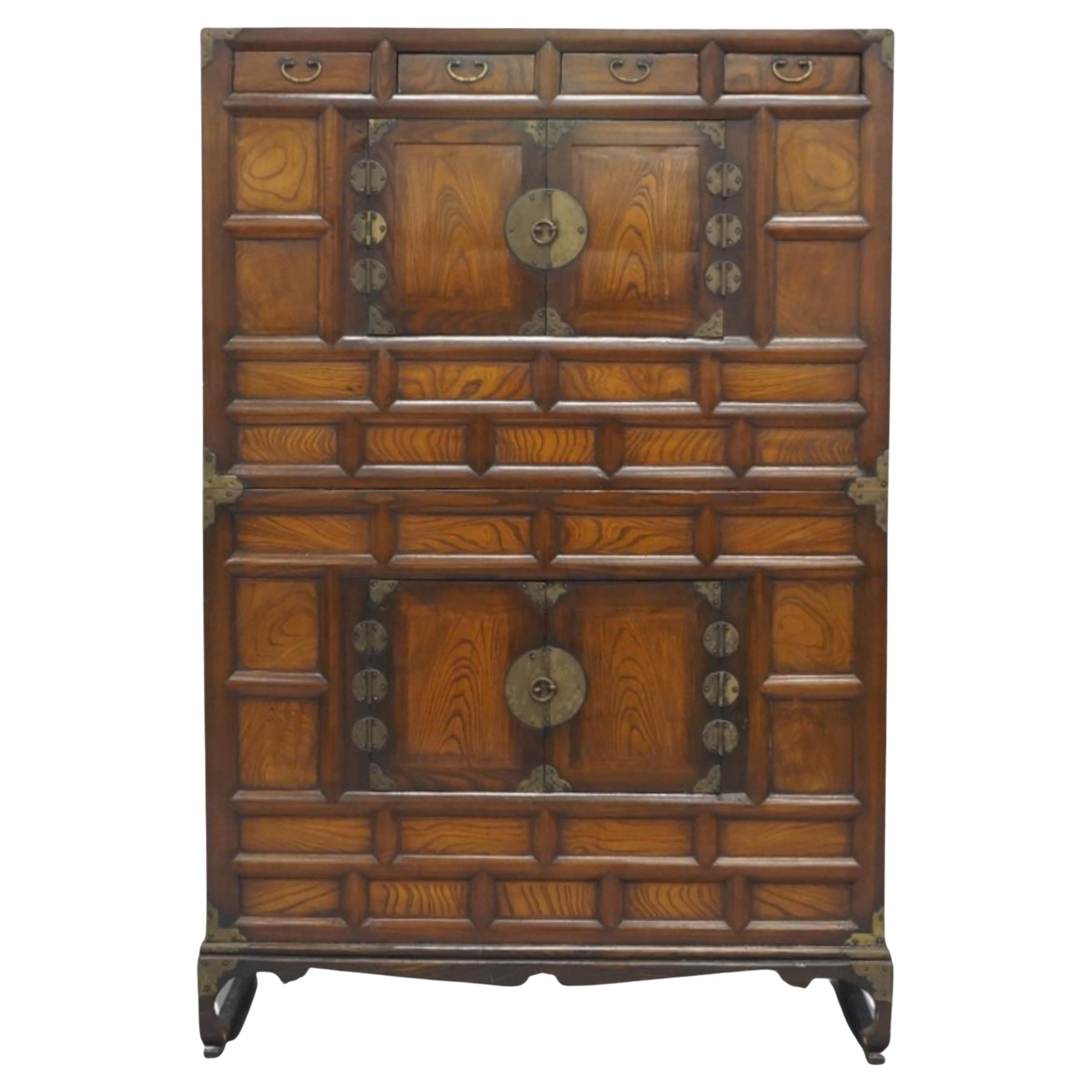19th Century Korean Two Part Elm Chest Each Finished off with Brass Adornments For Sale