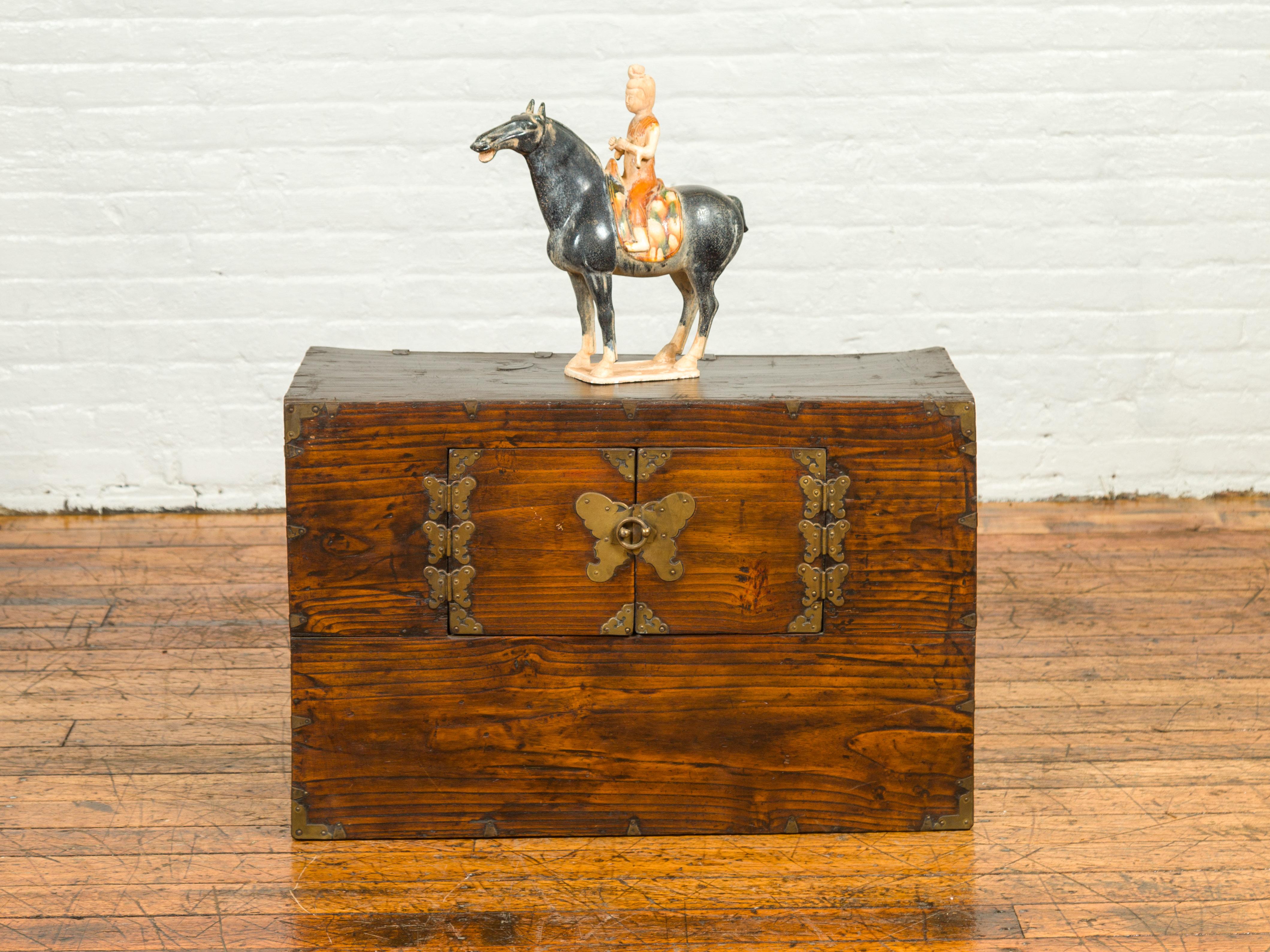 19th Century Korean Wooden Side Chest with Brass Butterfly Hardware In Good Condition In Yonkers, NY