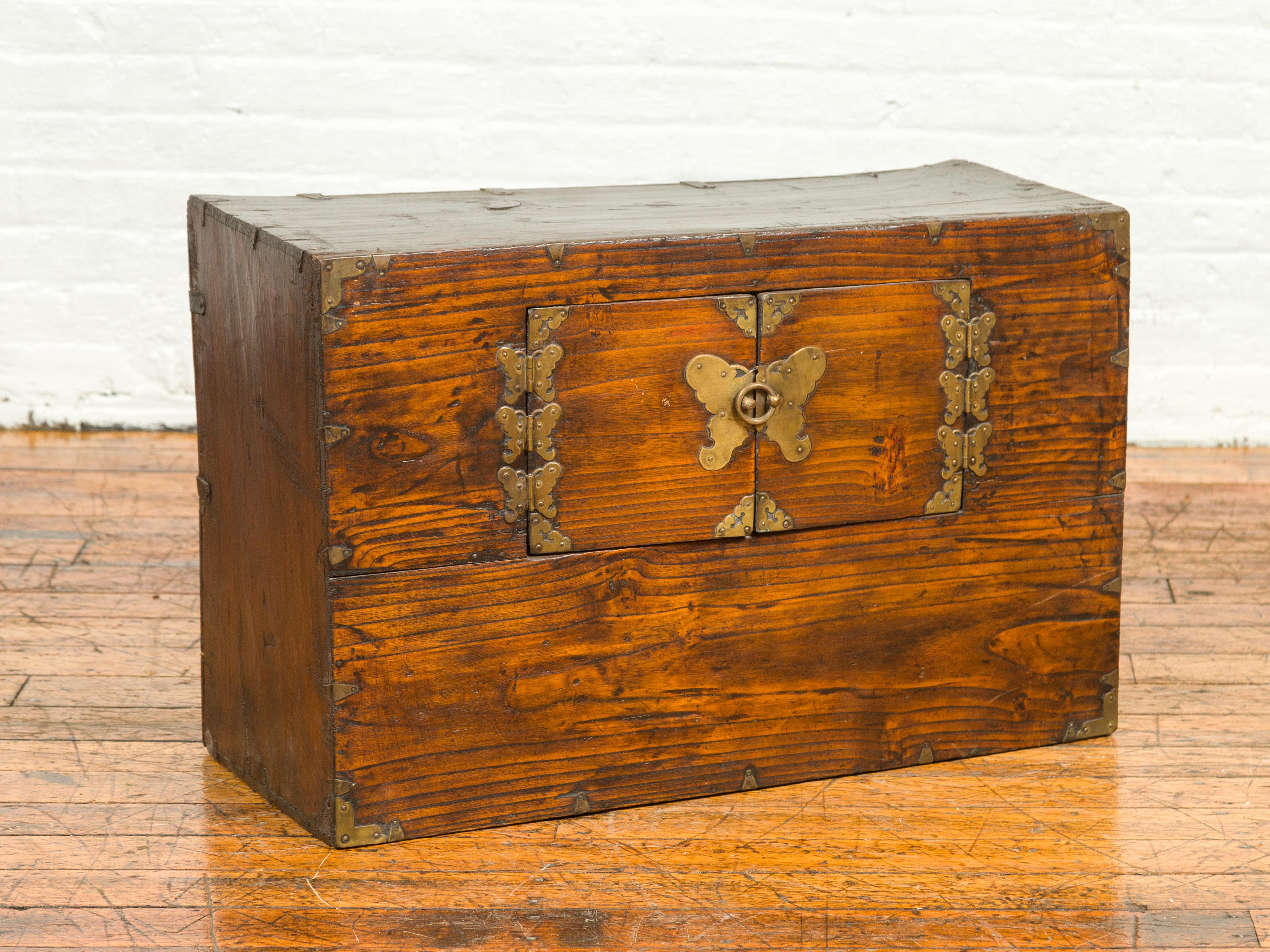 19th Century Korean Wooden Side Chest with Brass Butterfly Hardware 1