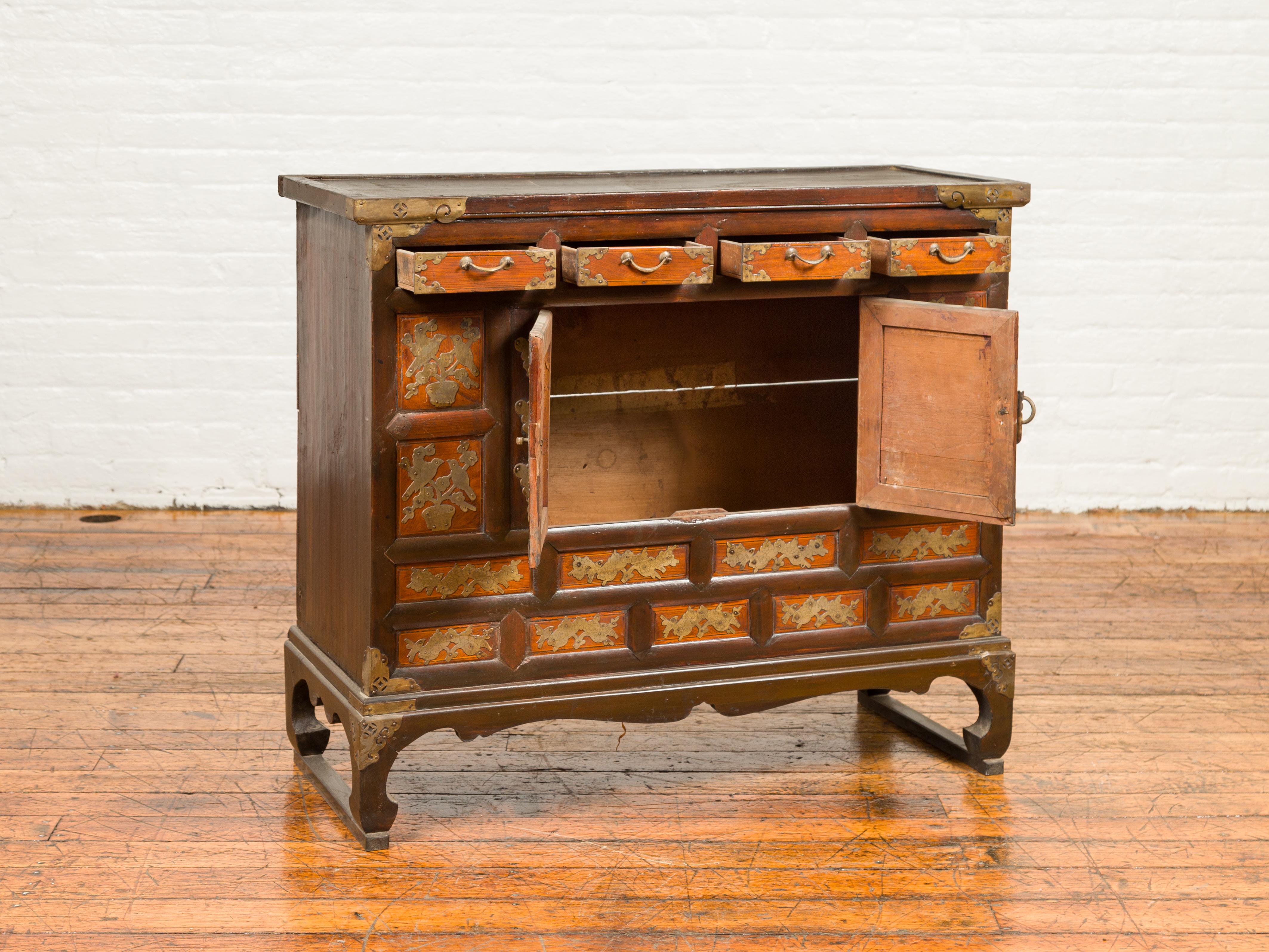Brass 19th Century Korean Wooden Side Chest with Drawers and Butterfly Hardware