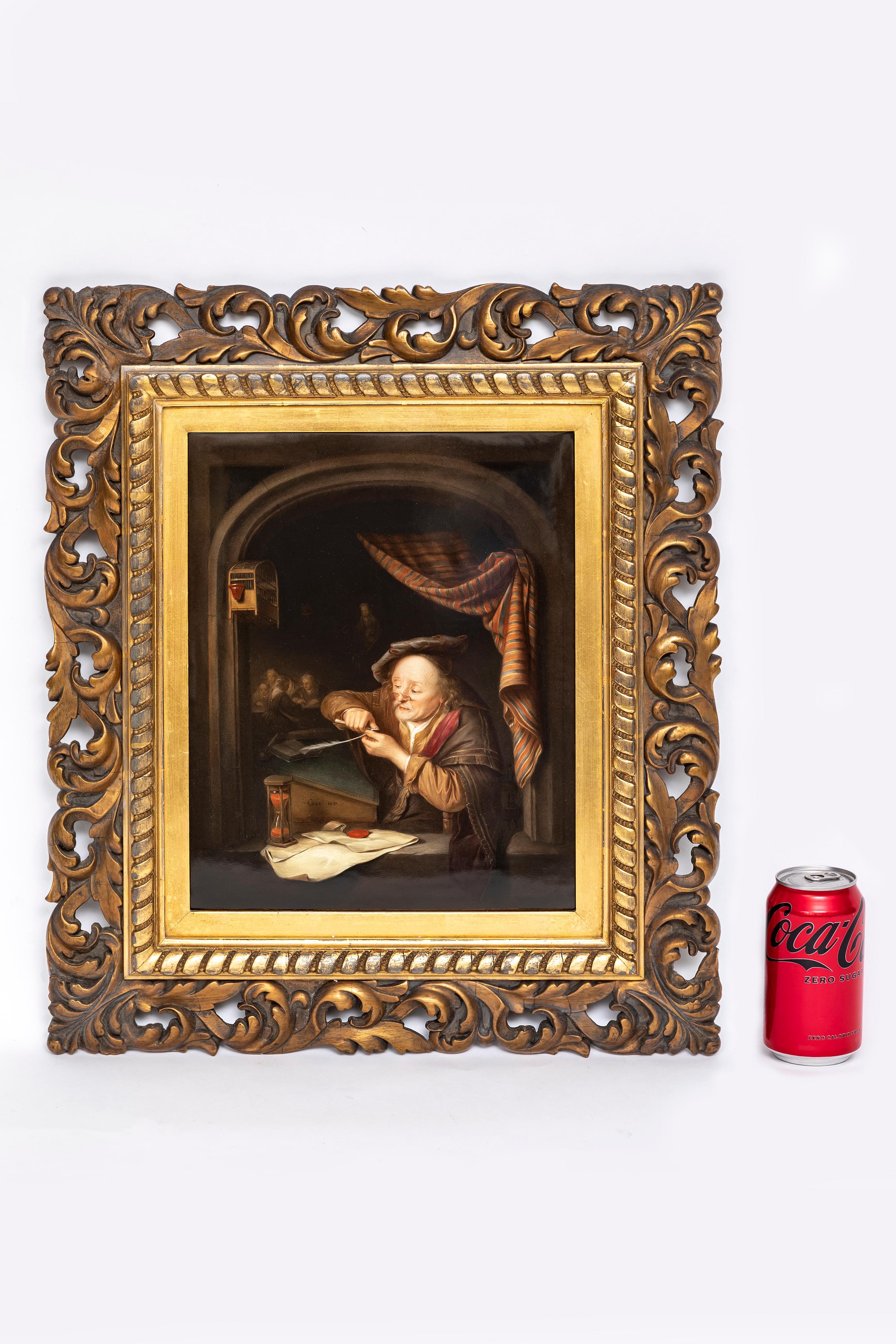 Plaque en porcelaine KPM du 19e siècle d'après Gerrit Dou (élève de Rembrandt), intitulée 