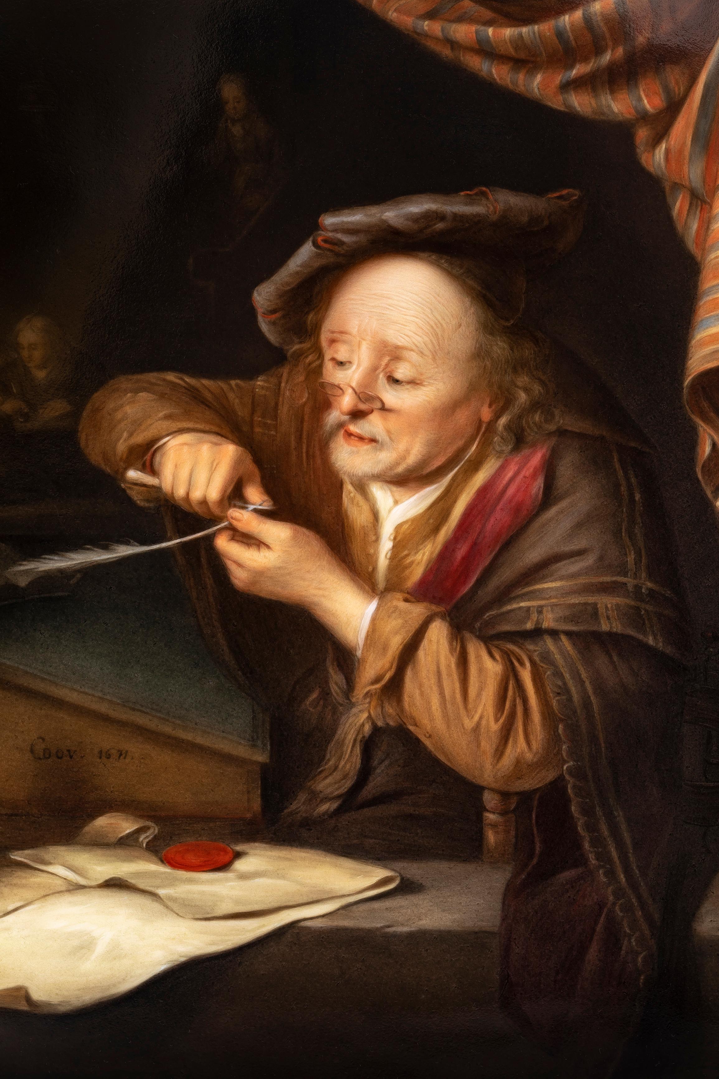 Allemand Plaque en porcelaine KPM du 19e siècle d'après Gerrit Dou, intitulée 