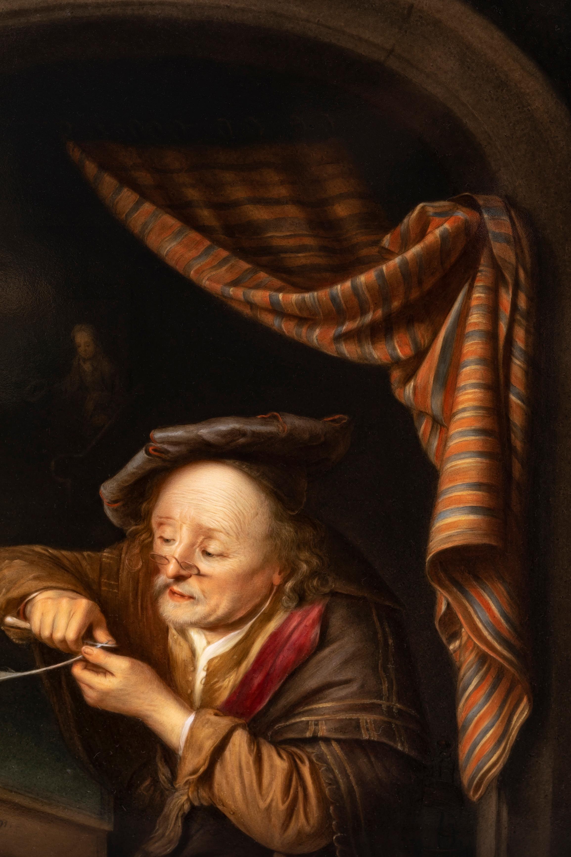 Sculpté à la main Plaque en porcelaine KPM du 19e siècle d'après Gerrit Dou, intitulée 