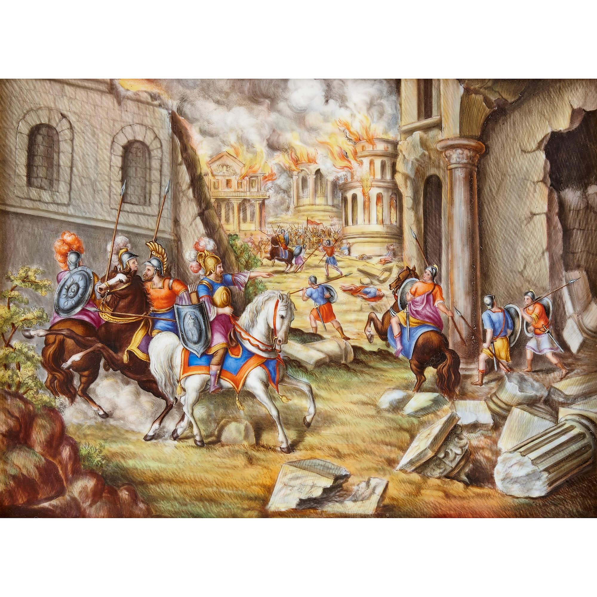 19th Century KPM porcelain plaque of the Battle of Corinth
German, 19th Century
Frame: Height 37.5cm, width 44cm, depth 5cm
Plaque: Height 20cm, width 27cm, depth 0.5cm

This highly detailed KPM porcelain plaque depicts a street scene from the