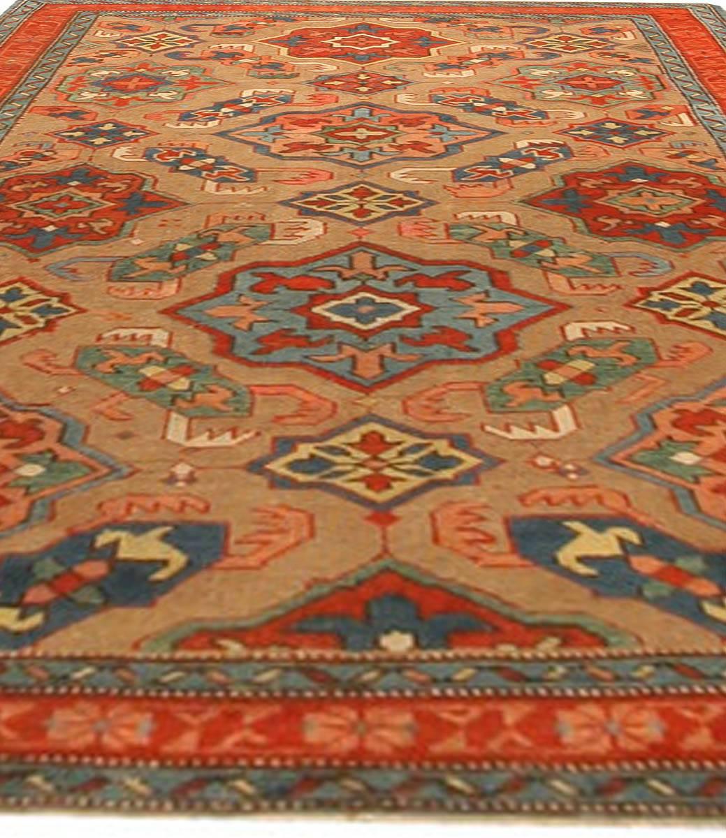 Caucasian Doris Leslie Blau 19th Century Kuba Orange and Blue Handmade Wool Rug For Sale