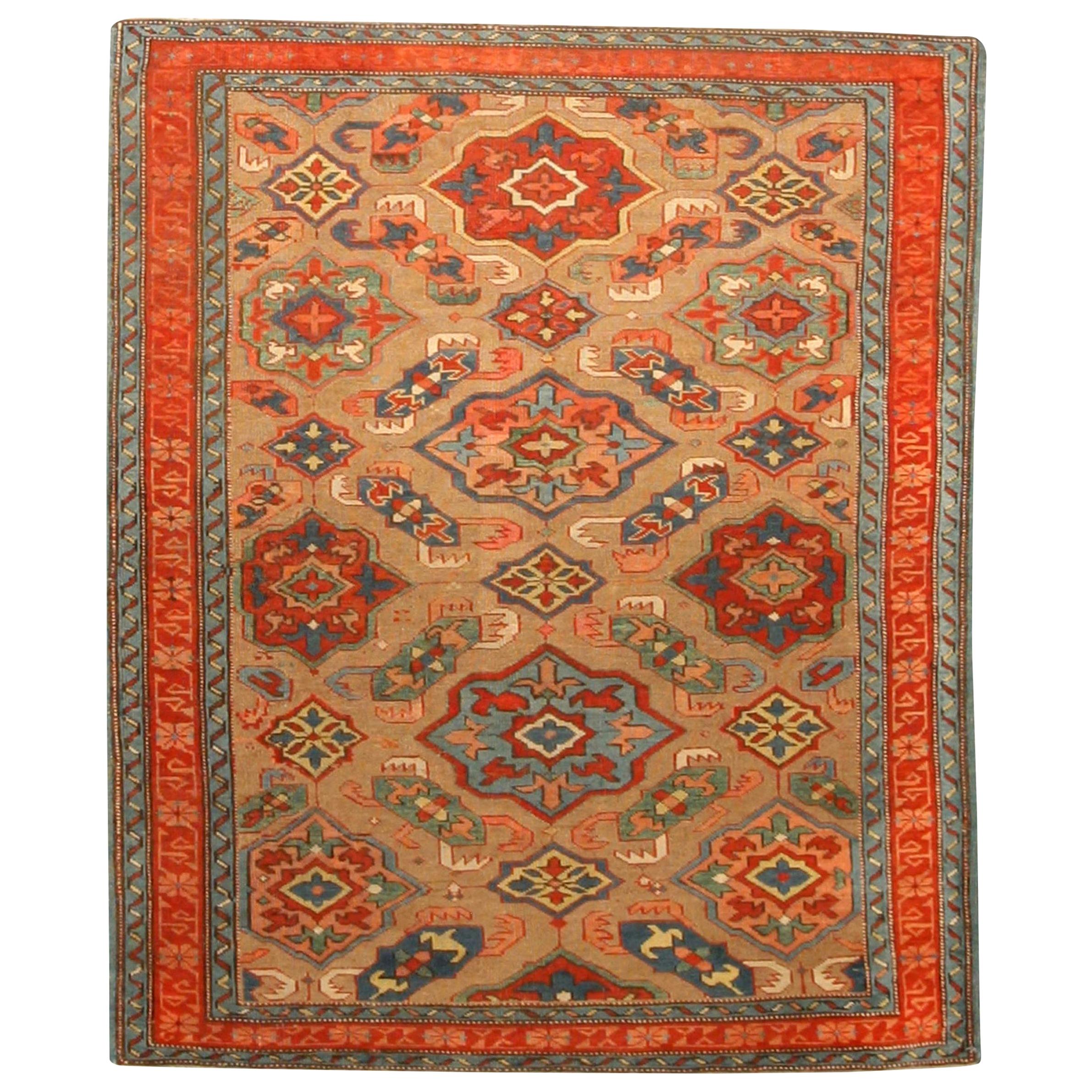 Doris Leslie Blau 19th Century Kuba Orange and Blue Handmade Wool Rug For Sale