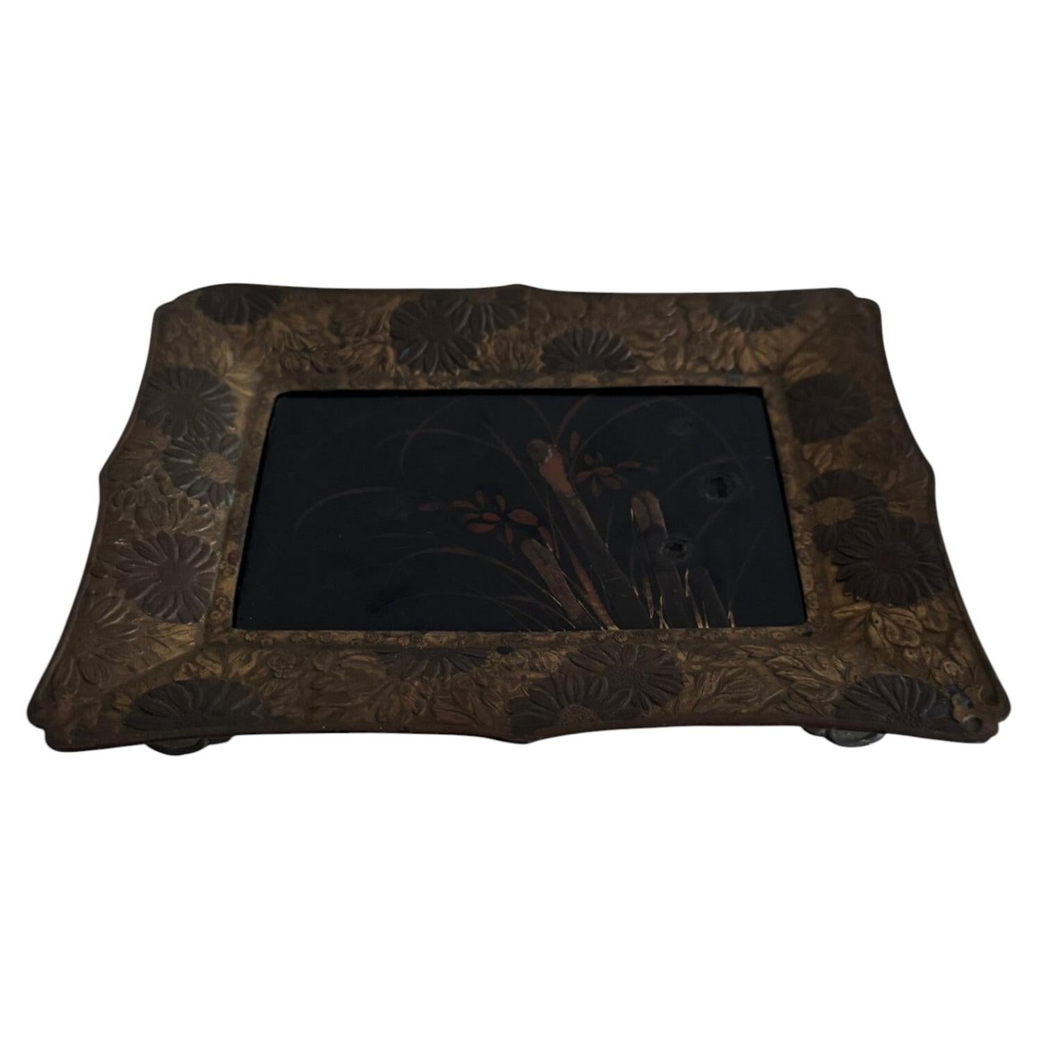 19th-Century Lacquer Bowl, Bronze-Mounted Vide-Poche with Vegetal Decoration