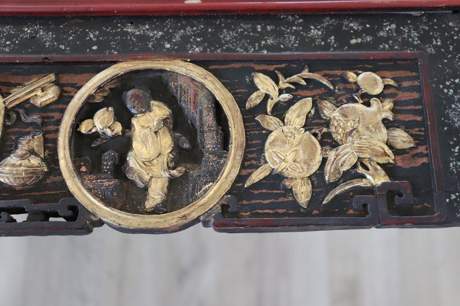 Mid-19th Century 19th Century Lacquered and Carved Wood Wall Panel China Dynasty Quing For Sale