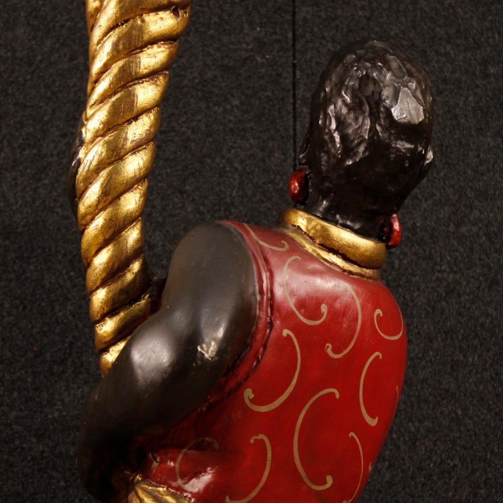 Great Italian sculpture from 19th century. Sculptured, lacquered and gilded object in wood and plaster of beautiful decoration. Sculpture depicting Venetian-style moor, for antique dealers and collectors of sculptures. Object mounted in lamp during