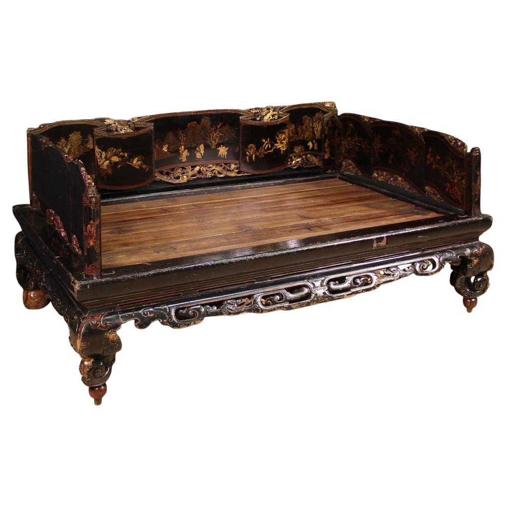 19th Century Lacquered and Gold Wood Chinese Antique Opium Bed, 1880