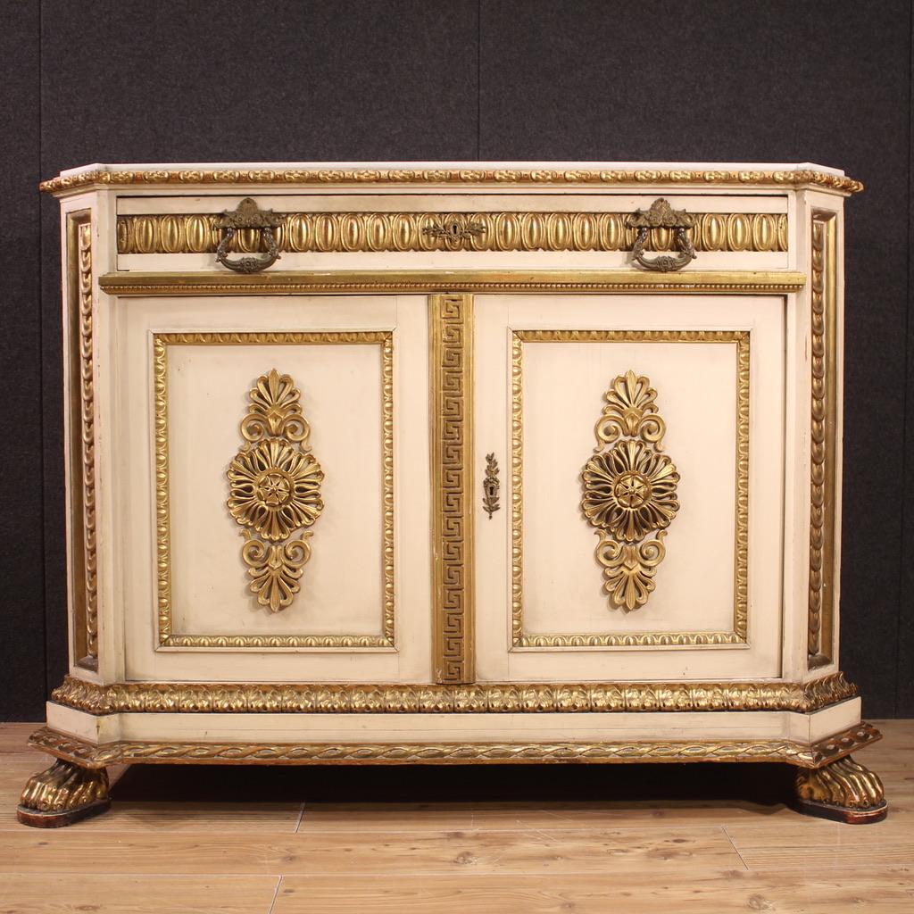 19th Century Lacquered and Gold Wood Marble Top Italian Umbertine Sideboard 1880s In Good Condition For Sale In Vicoforte, Piedmont