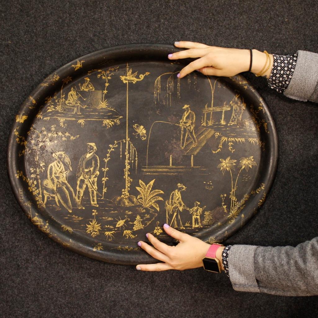 19th Century Lacquered and Painted Chinoiserie Metal French Tray, 1890 9