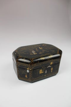 19th Century Lacquered Box Black Octogonal Chinese Export Gilded Floral