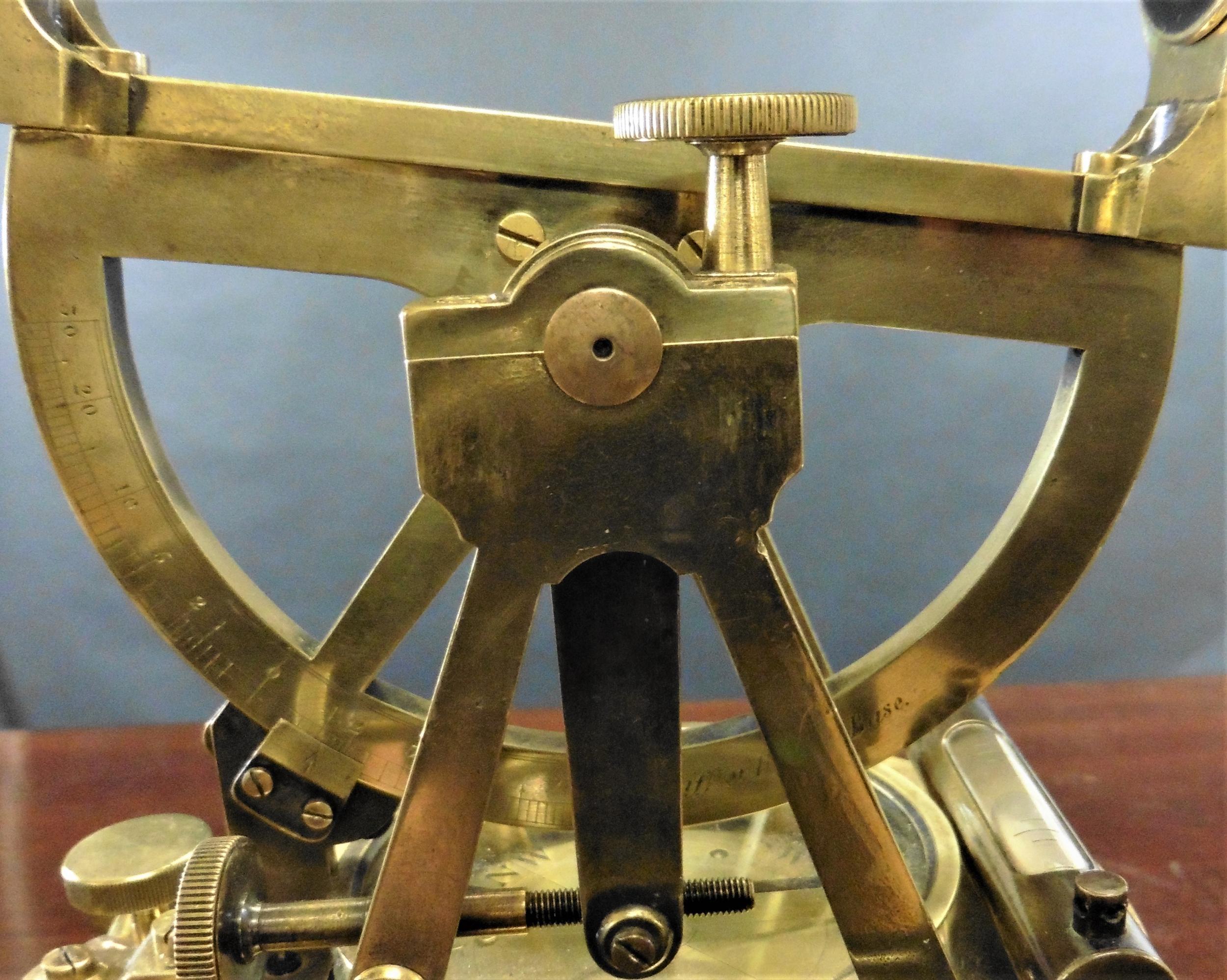 19th century lacquered brass theodolite by S.P.Cohen, Glasgow


Extending telescope with rack and pinion focusing and centrally mounted spirit level, located on the limb with twin clamps, half vertical circle inset with vernier scale marked from