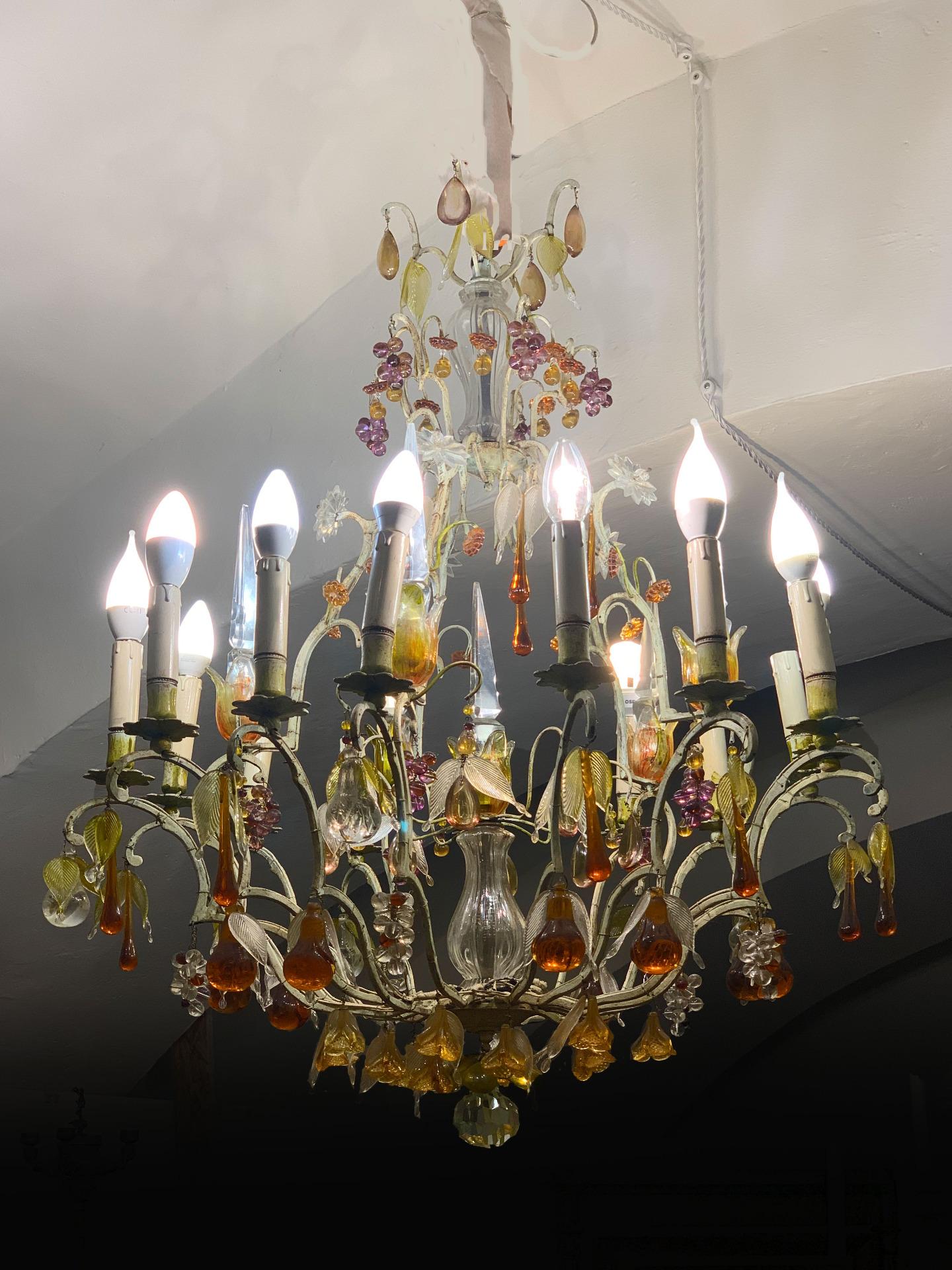 19th CENTURY LACQUERED BRONZE CHANDELIER WITH GLASS FRUIT For Sale 12
