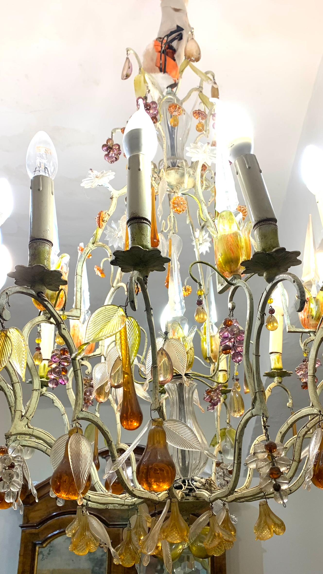 Italian 19th CENTURY LACQUERED BRONZE CHANDELIER WITH GLASS FRUIT For Sale
